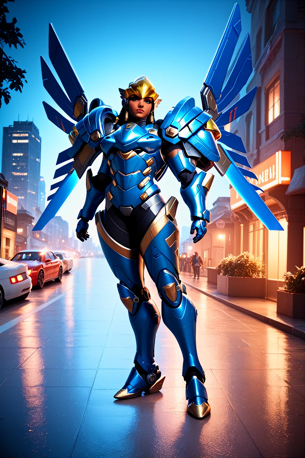 score_9, score_8_up, score_7_up, masterpiece, high quality,
<lora:PharahPonyLora:0.8> phrah, hair tubes, facial tattoo, side braids, power armor, golden helmet, jetpack, thrusters, mechanical wings, at night, neon llights, citylights