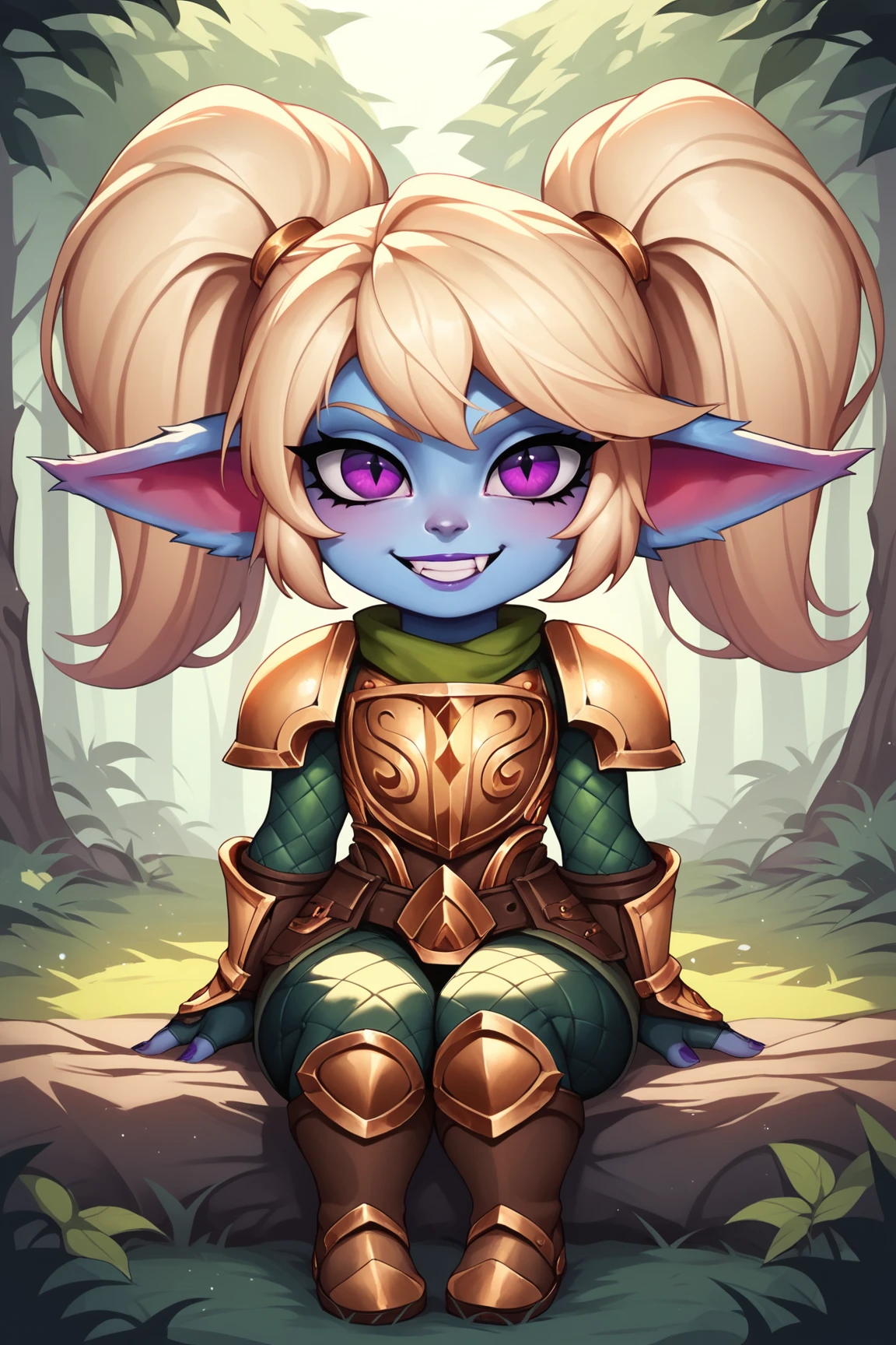 score_9, score_8_up, score_7_up, score_6_up, score_5_up, score_4_up, PoppyLoLXL, yordle, shortstack, purple eyes, blonde hair, twintails, blue skin, colored skin, golden armor,green snakeskin shirt, green snakeskin pants, brown boots, sitting, looking at viewer, seductive smile, forest, tree <lora:PoppyLoLXL:0.7>