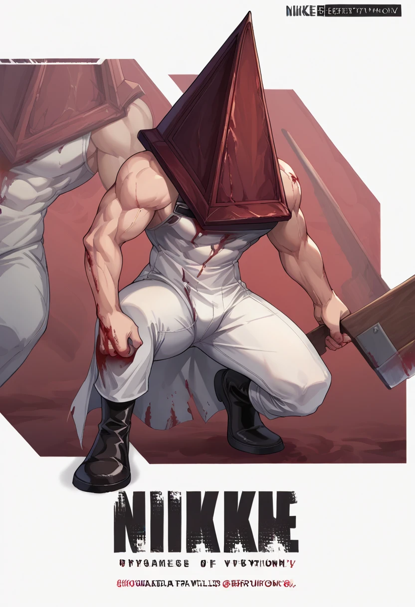 score_9, score_8_up, source_anime, 1boy, muscular, PyramidHead, helmet, white coat, sleeveless, blood on clothes, white pants, boots, <lora:ChamPyramidHeadPonyXL:1> <lora:NikkeProfileV2_XLPD:1> IncrsNikkeProfile, full body, zoom layer, on one knee, holding weapon, holding sword