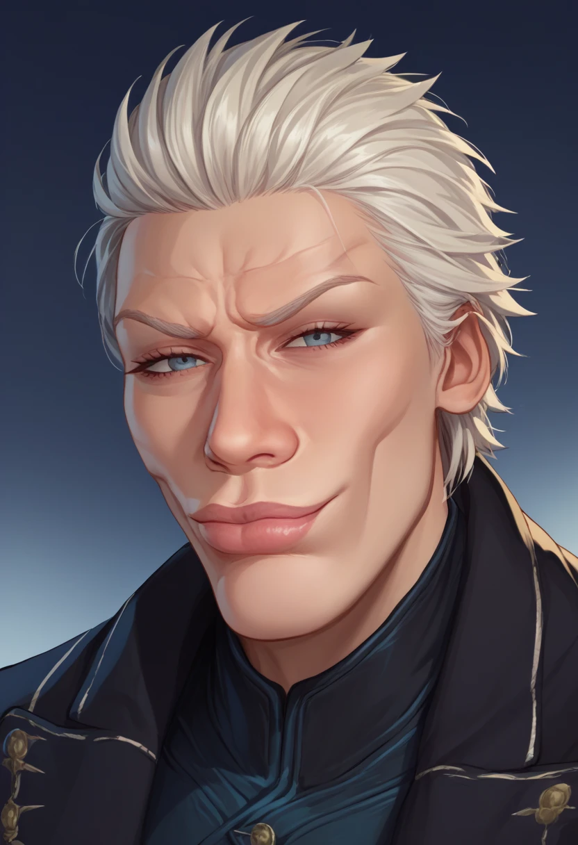 score_9, score_8_up, score_7_up, source_anime, SkylerWhiteYo, closed mouth, smile, <lora:KzyGuyMeme:1>, <lora:dmc5_vergil_ponyXL:1> dmc5vergil, black coat,