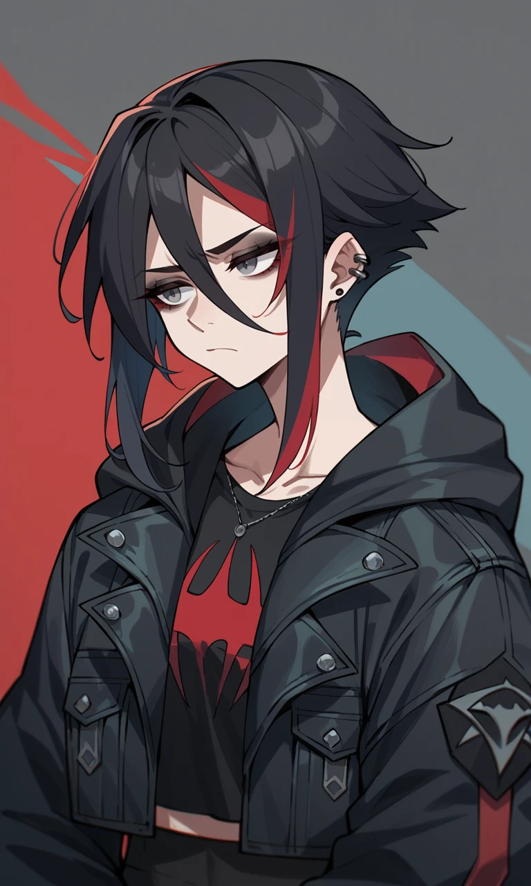 score_9, score_8_up, score_7_up, score_6_up, goth, black hair, red streak, grey eyes, black jacket, upper body, cropped torso, hood up, bored, tired,