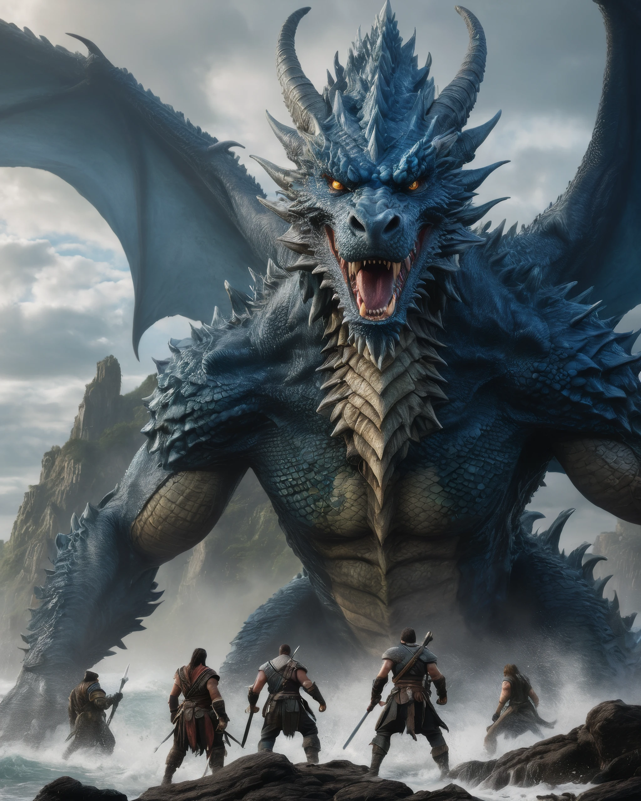 very dark focused flash photo, amazing quality, masterpiece, best quality, hyper detailed, ultra detailed, UHD, perfect anatomy, (blue dragon:1.5), portrait, dof, hyper-realism, majestic, (four heroes, 1Fighter, 1druid, 1ranger, 1wizard:1.4), awesome, inspiring, Capture the thrilling showdown between the four heroes and the colossal dragon boss in an epic battle amidst mist spay and lightening blasts. Embrace the action and chaos as these formidable forces clash on the craggy seashore. cinematic composition, soft shadows, national geographic style, (real skin, textured skin, intricately detailed eyes:1.3), (high saturation:1.2), (high contrast:1.1), (subsurface scattering:0.9), (depth of field:1.2)