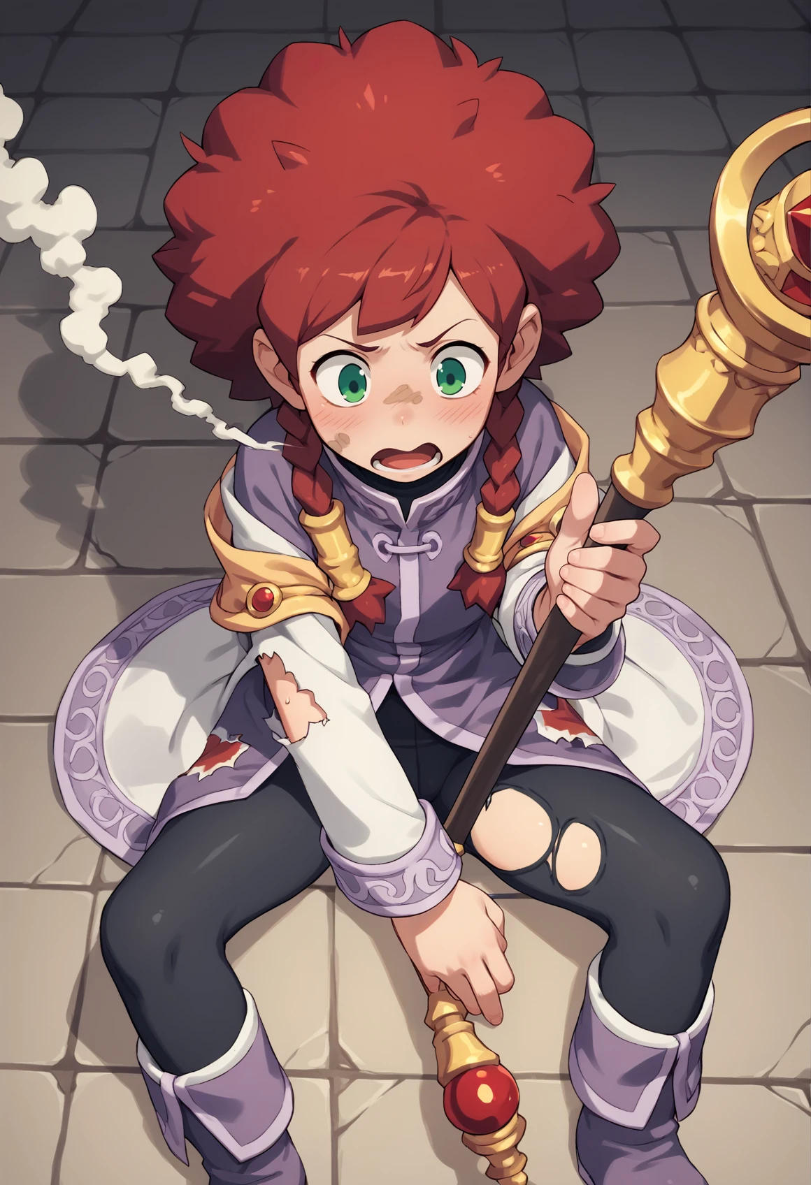 1girl, ((torn clothes)), close-up, surprised, blushing, ((smoke)), blowing smoke, looking around, afro, dirty face, curly hair, red hair, twin braids, green eyes, witch hat, white cloak, black pantyhose, boots, indoors, standing, dungeon, cowboy shot, sitting, floor, spread legs, open mouth, holding staff, from above <lora:Sayaka_Ape_Scape:1>, score_9, score_8_up, score_7_up, score_6_up, score_5_up, score_4_up, BREAK source_anime, masterpiece