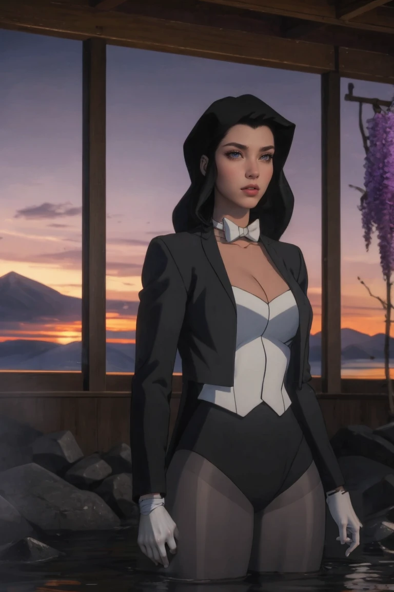 masterpiece, best quality, high quality, highres, wading,looking at viewer,solo,water, sunset, onsen, wisteria,moody lighting, BREAK, 
CARTOON_DC_YJ_Zatanna_ownwaifu, www.ownwaifu.com, 
1girl, black hair, long hair, breasts, lipstick, red lips, makeup, blue eyes, medium breasts, collarbone, lips, 
cleavage, bow, white bow, white choker, white gloves, black jacket, leotard, pantyhose, formal, detached collar, suit, open jacket, white leotard, coattails, black pantyhose, 
<lora:CARTOON_DC_YJ_Zatanna_ownwaifu-15:1>