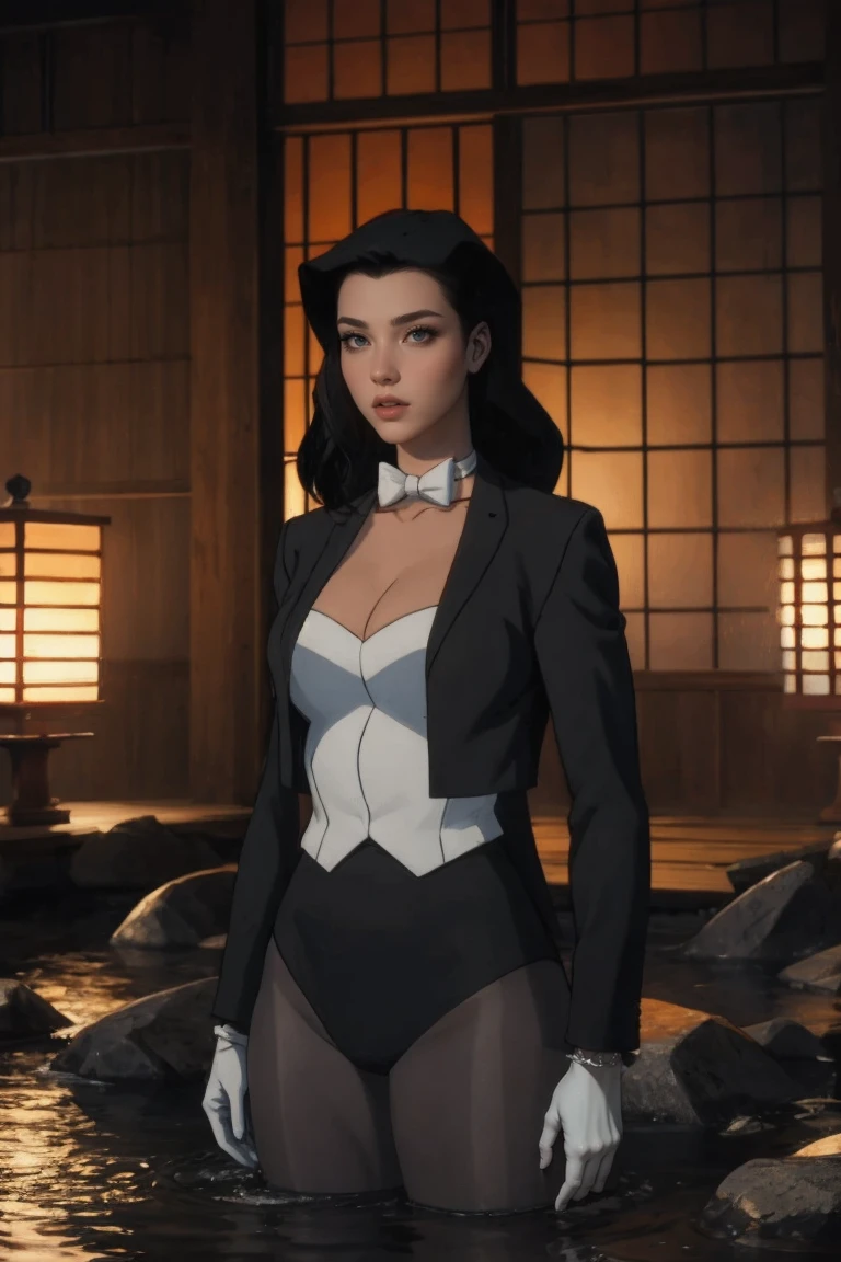 masterpiece, best quality, high quality, highres, wading,looking at viewer,solo,water, sunset, onsen, wisteria,moody lighting, BREAK, 
CARTOON_DC_YJ_Zatanna_ownwaifu, www.ownwaifu.com, 
1girl, black hair, long hair, breasts, lipstick, red lips, makeup, blue eyes, medium breasts, collarbone, lips, 
cleavage, bow, white bow, white choker, white gloves, black jacket, leotard, pantyhose, formal, detached collar, suit, open jacket, white leotard, coattails, black pantyhose, 
<lora:CARTOON_DC_YJ_Zatanna_ownwaifu-15:0.9>