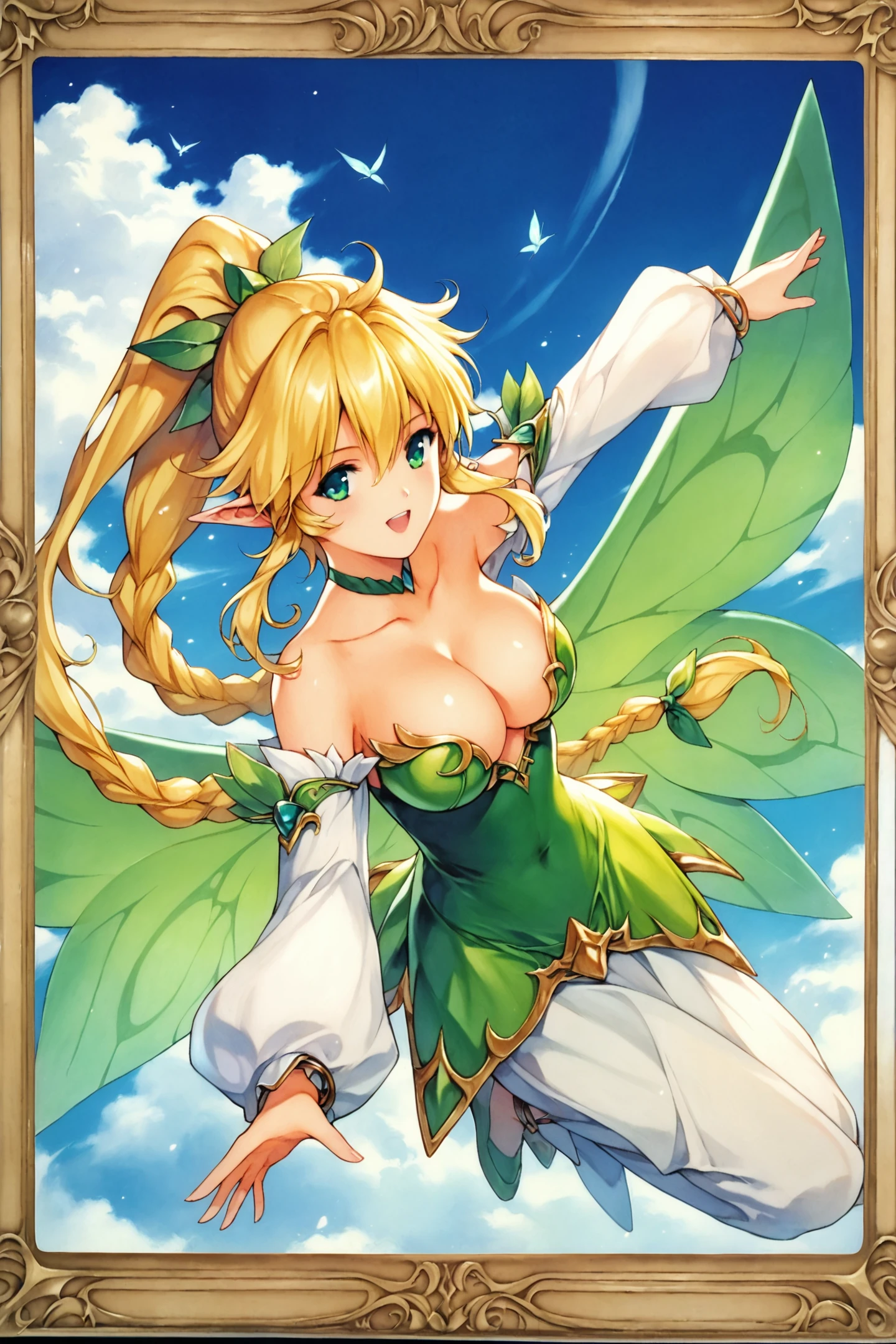 score_9,score_8_up,score_7_up,masterpiece,best quality,very aesthetic,absurdres,official art,official style,
leafa,long hair,1girl,solo,breasts,blonde hair,cleavage,green eyes,wings,pointy ears,open mouth,fairy wings,teeth,outstretched arms,smile,upper teeth only,very long hair,:d,hair ornament,sky,braid,twin braids,cloud,fairy,bangs,spread wings,cloudy sky,collarbone,flying,ponytail,long sleeves,fantasy,hair between eyes,green dress,choker,outdoors,blue sky,looking at viewer,white sleeves,large breasts,green wings,floating hair,bracelet,day,traditional media,retro artstyle,
<lora:MIN-NARAKEN_XL_PONY:0.8>,