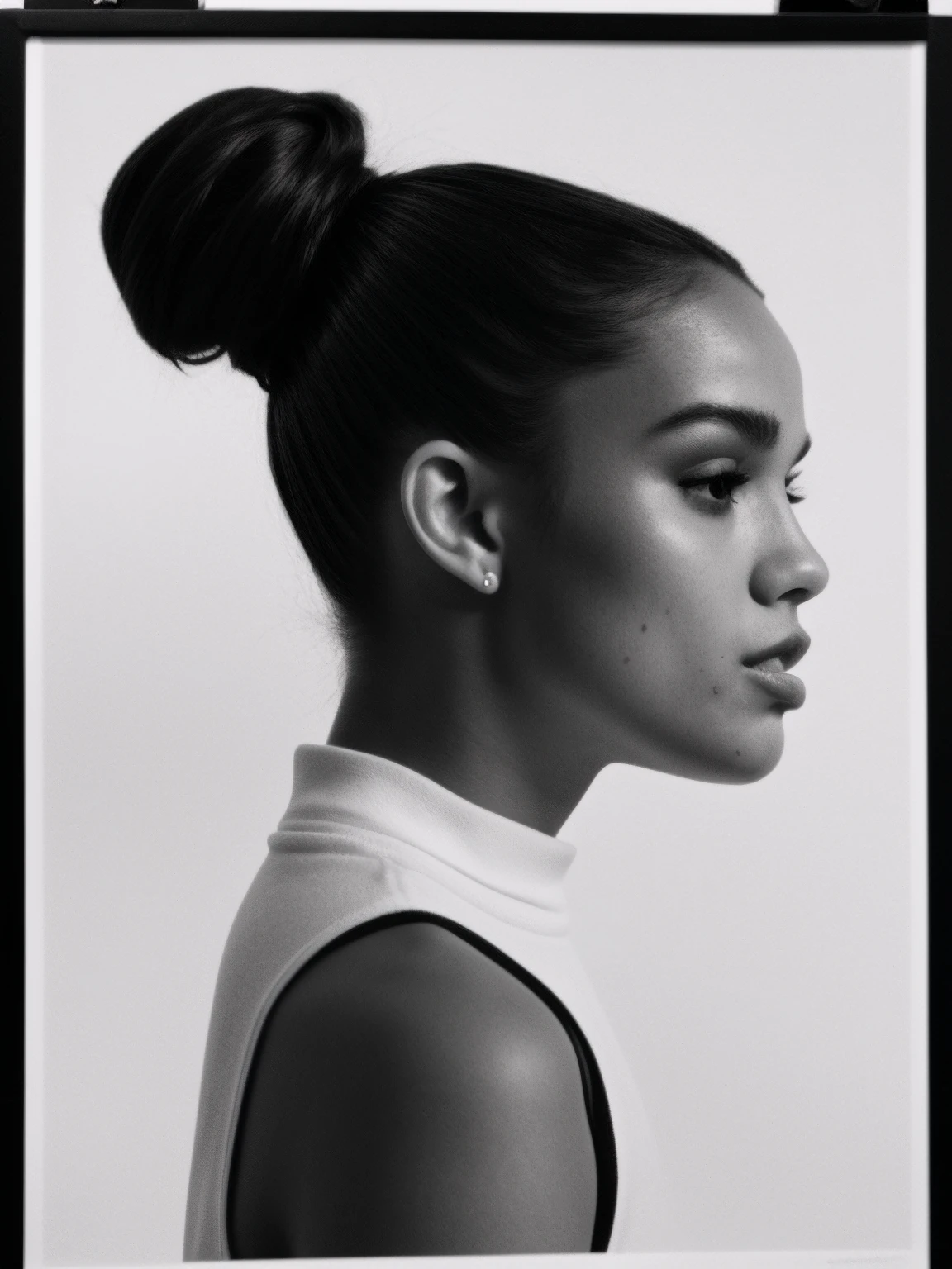 rach-zeg, side view , elegant 1girl with black hair tied in a high bun, forehead, wearing a white tturtleneck , grey background, grainy film filter, minimalistic, HD,bold lines,poster, intricate,artstation,Conrad Roset,chiaroscuro inspired image