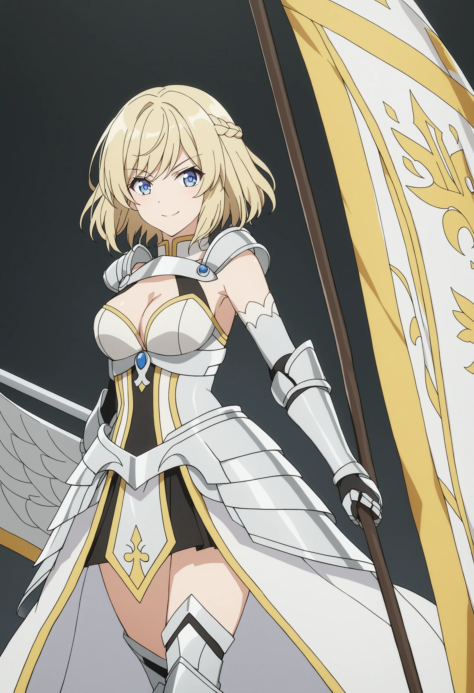 sysdeep_jeanne, 1girl, solo, breasts, smile, short_hair, blue_eyes, large_breasts, blonde_hair, gloves, dress, thighhighs, holding, closed_mouth, cleavage, medium_breasts, braid, weapon, wings, elbow_gloves, white_gloves, holding_weapon, armor, clothing_cutout, shoulder_armor, polearm, gauntlets, shield, flag, holding_polearm, holding_shield, banner, jeanne_ornament, anime_coloring, <lora:Jeanne D Arc - [Compass] - SDXL Version 1:1>