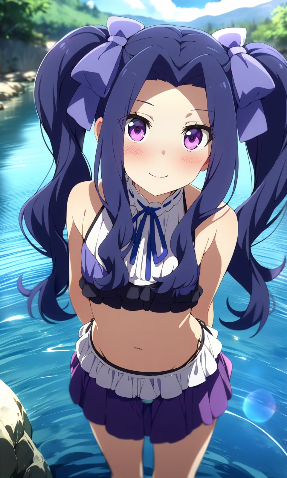 1girl, meltyqmelromarc, solo, twintails, 1girl, smile, long hair, bow, blush, purple eyes, hair bow, (bikini:1.2), 
looking at viewer, light smile, standing, happy, 
outdoors, sun, river, 
masterpiece, best quality, very aesthetic, by ogipote, 
<lora:MeltyQMelromarc_XL:1> <lora:sd_xl_dpo_lora_v1:0.35>