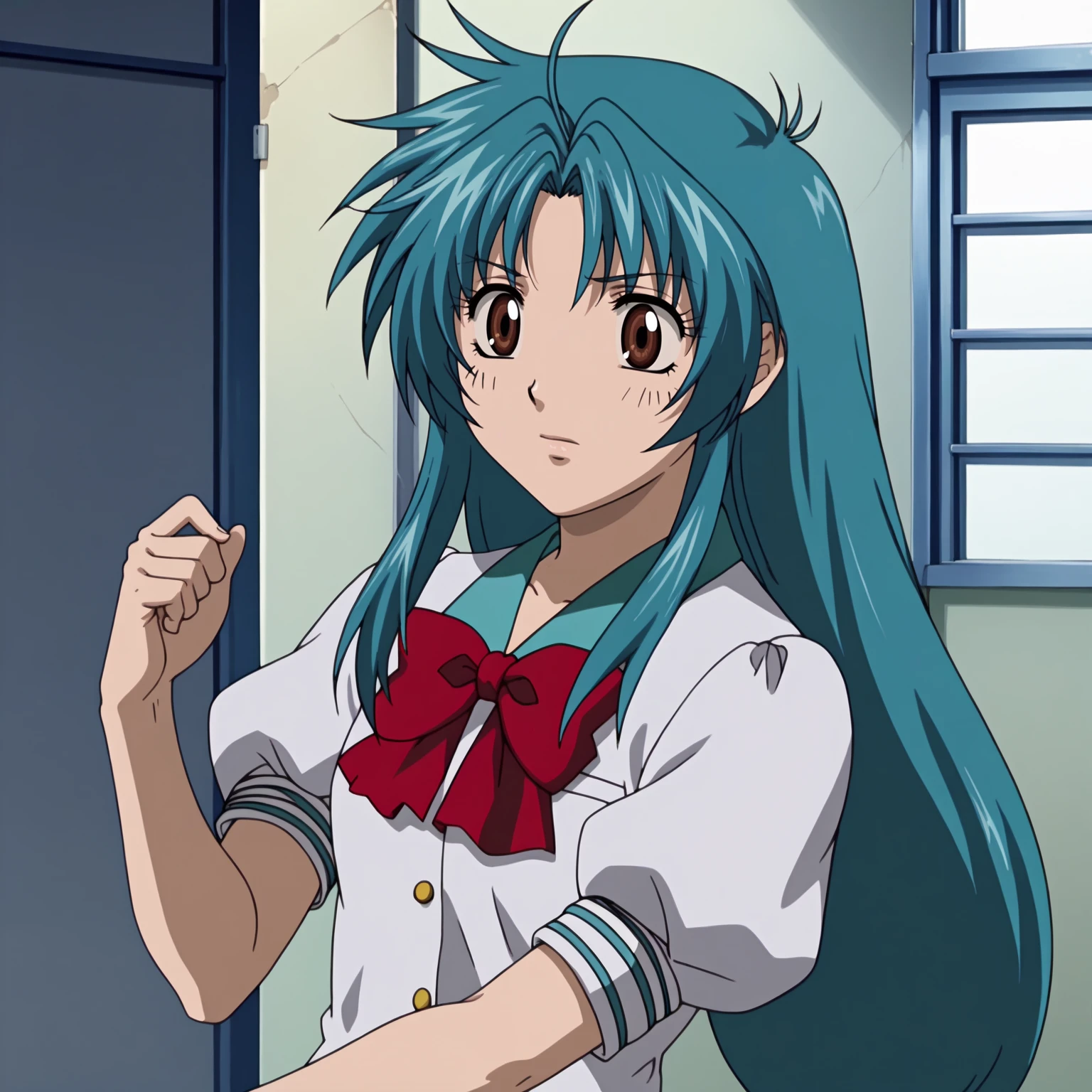 <lora:ChidoriKanameXLpony001>,
smile,
solo,
ChidoriKaname,1girl,aqua hair,long hair,brown eyes,
school_uniform,red ribbon tie,puffy_sleeves,short_sleeves,
pleated_skirt,
full body,squatting,