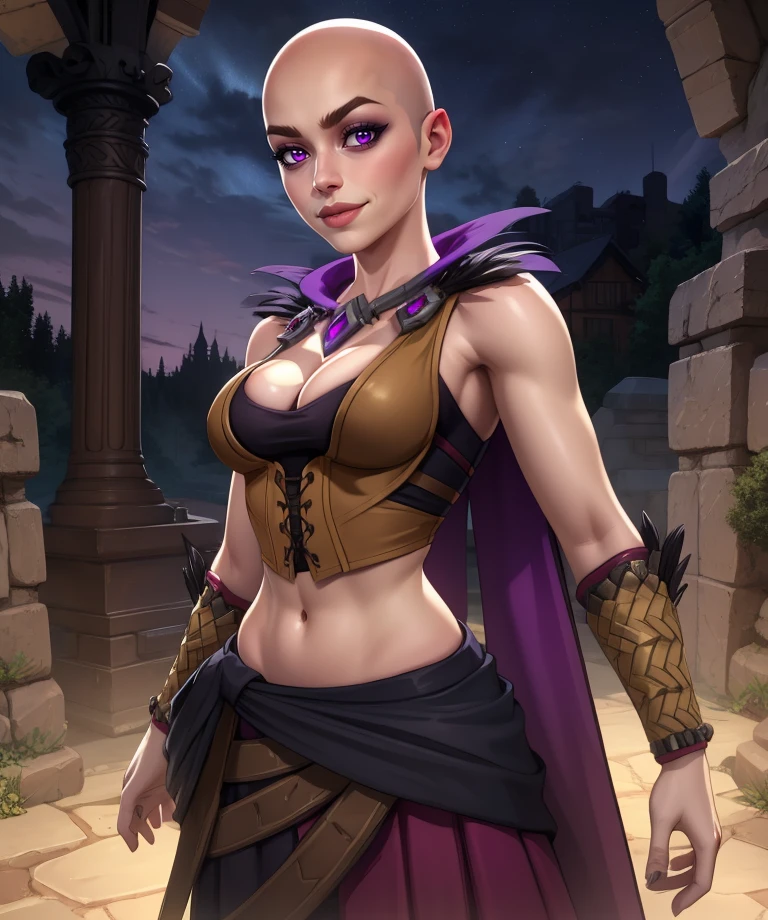 Seris,lips,purple eyes,bald,light smile,
jewelry,midriff,cleavage,small brown vest,black shirt,cleavage,skirt,
large breasts,looking at viewer,   
underworld,purple aura,night,
(insanely detailed, masterpiece, best quality),<lora:SerisPLD:0.8>,