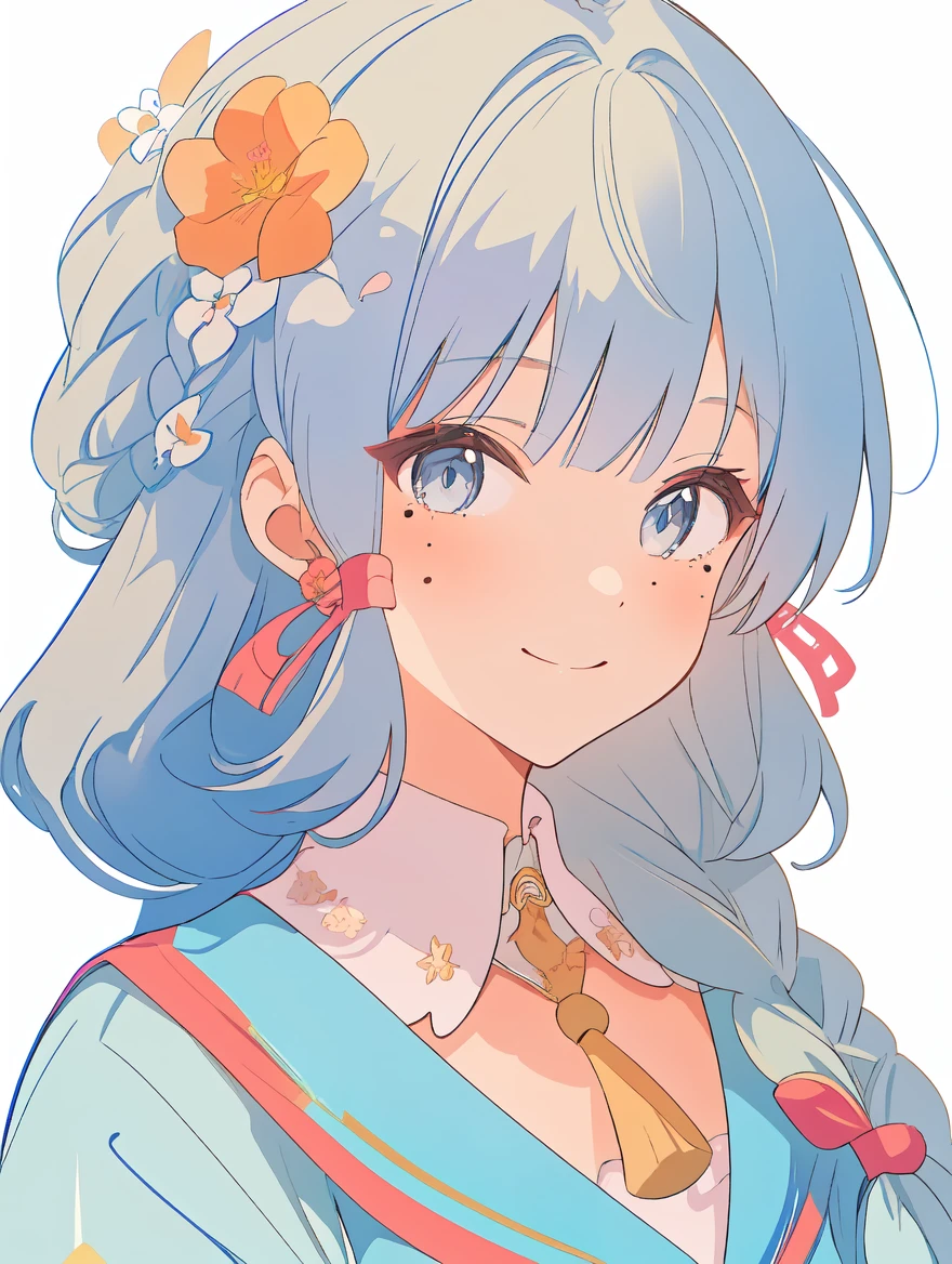 1girl,
kamisato ayaka \(springbloom missive\),
solo, flower, braid, mole, white background, blue eyes, upper body, blue hair, hair flower, blunt bangs, light blue hair, simple background, smile, mole under eye, official alternate hairstyle, official alternate costume, looking at viewer,
masterpiece, best quality
<lora:mki-genshin108-1.5-v3:1>