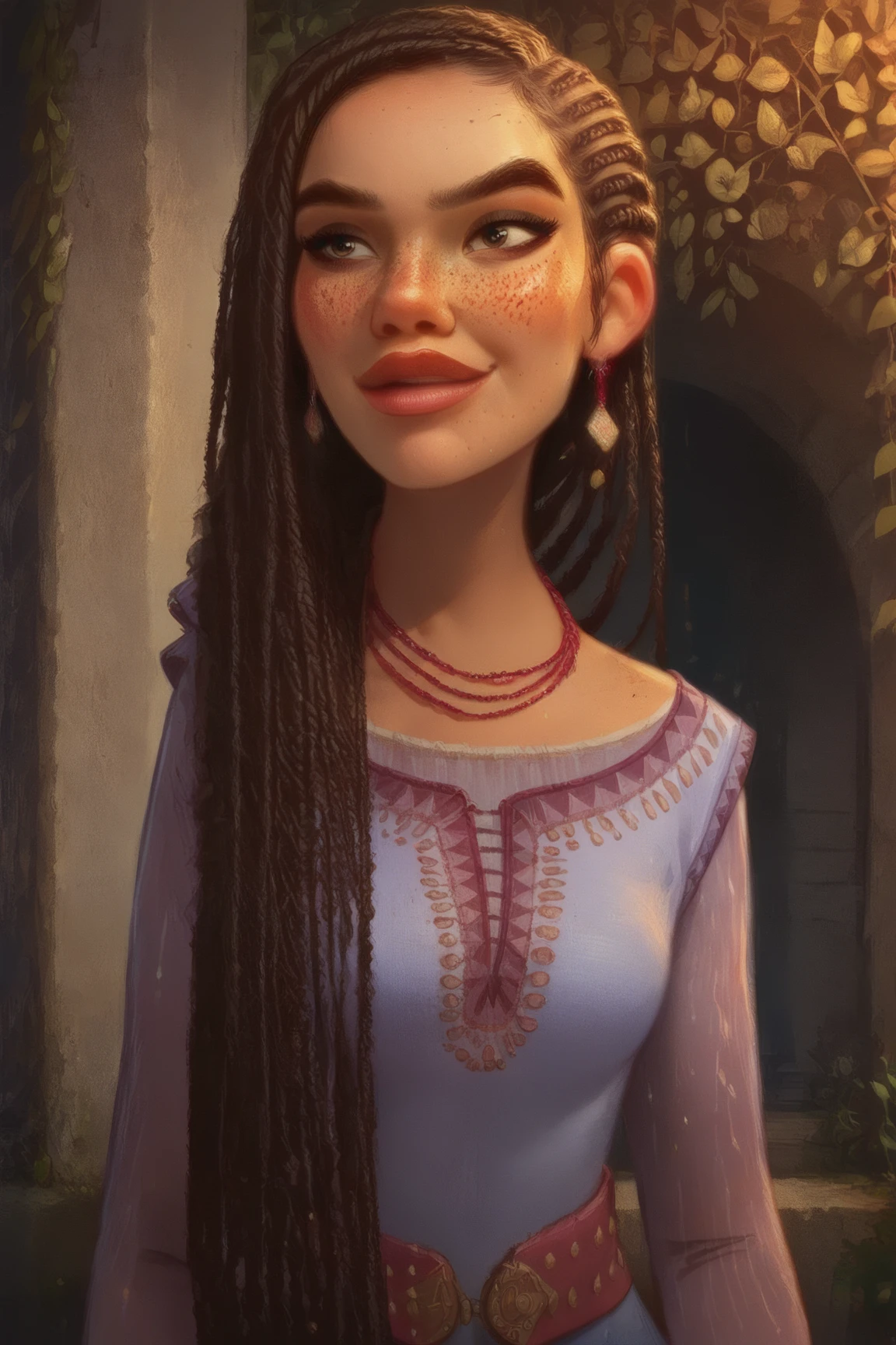 (source_anime, score_9, score_8_up, score_7_up:1), AshaDisney, 1girl, dress, necklaces, cornrows,, freckles, outdoors, village, smirk, closed mouth, seducing,, visible breath, (dark-skinned female:0.5), large waist, dress with spots of painting, holi festival ,Color Splash, score_7_up<lora:EMS-346724-EMS:0.600000>, <lora:EMS-355038-EMS:0.800000>, <lora:EMS-365703-EMS:1.000000>