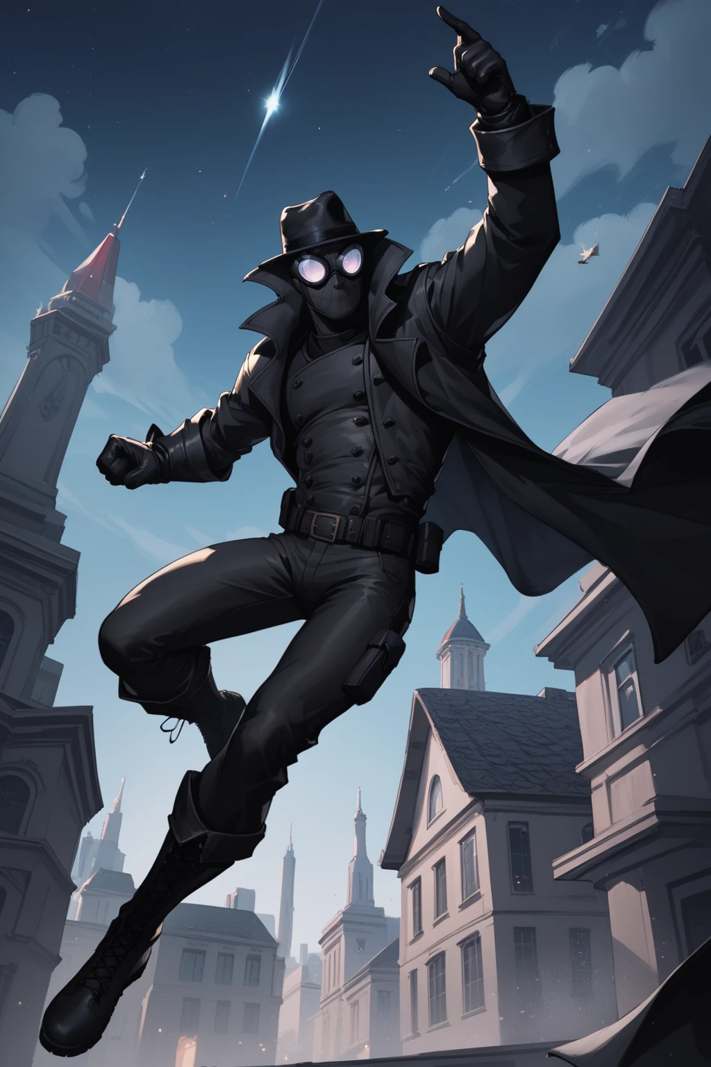 score_9, score_8_up, score_7_up, masterpiece, high quality
<lora:Spiderman noirPonyLora:1> spdrmnnr, googles, mask, trench coat, vest, gloves, pants, hat, boots, belt, in a city, at night, hero pose, jumping from a high building, floating midair, flying