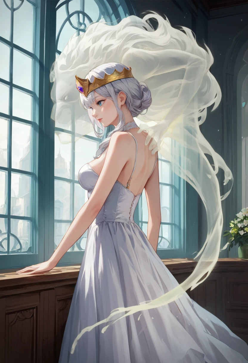 masterpiece,best quality,highly detailed,score_9,score_8_up,score_7_up,score_6_up,source anime,
BREAK
(1girl:1.2) looking to the window,white dress,white hair,(crown:1.2),ghost lion,hands on another's shoulders,
indoors,window,
<lora:GodrickPony1.0:0.8>,
