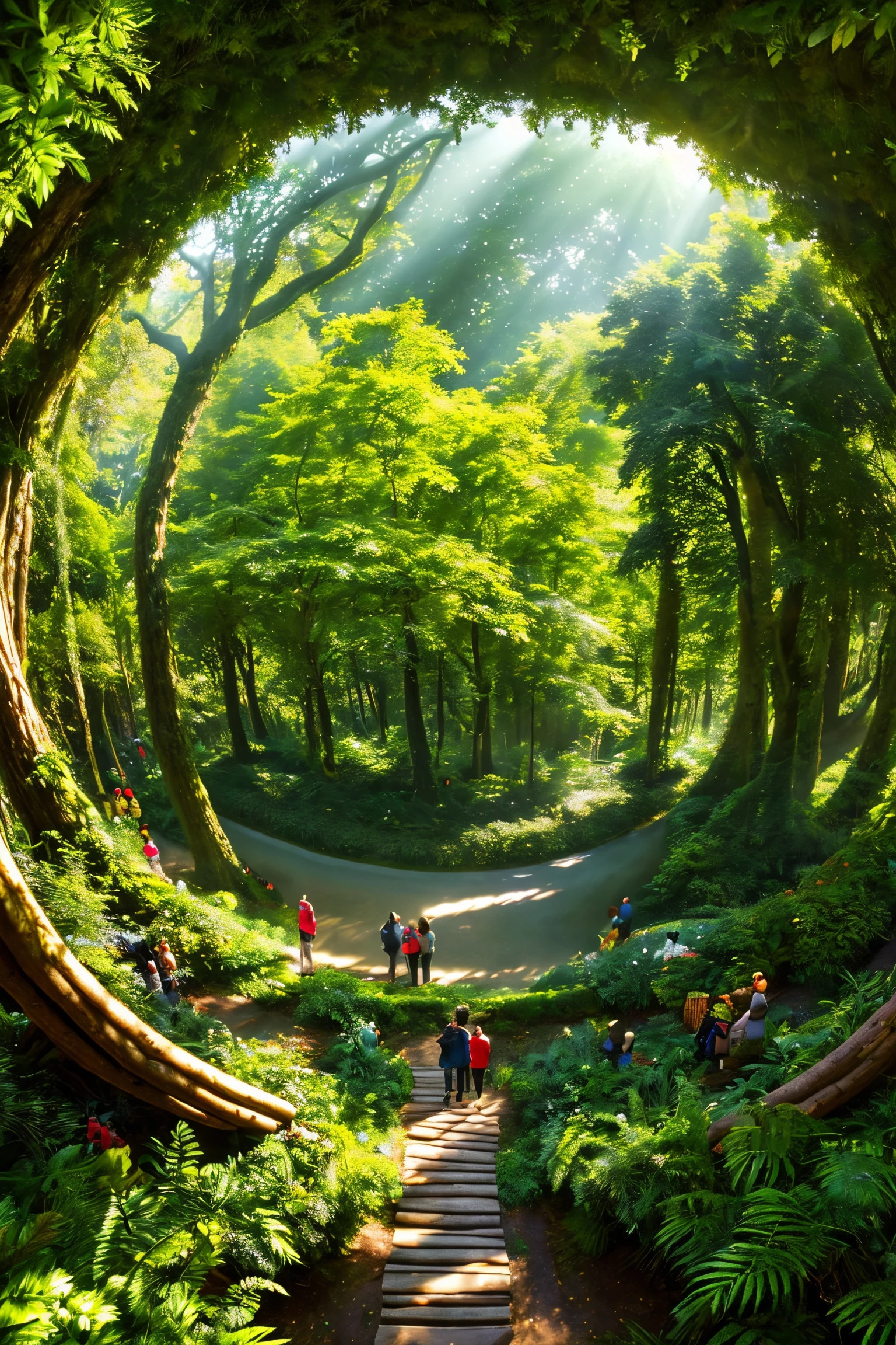 Wide angle photorealism, (Enchanted Forest Clearing bustling with people:1.2), Hyperrealistic details, Lush greenery, Busy figures, (Variety of casual clothes:1.3), Radiant sunlight filtering through trees, Energetic ambiance, (360-degree space:1.3), Meandering paths, Festive mood