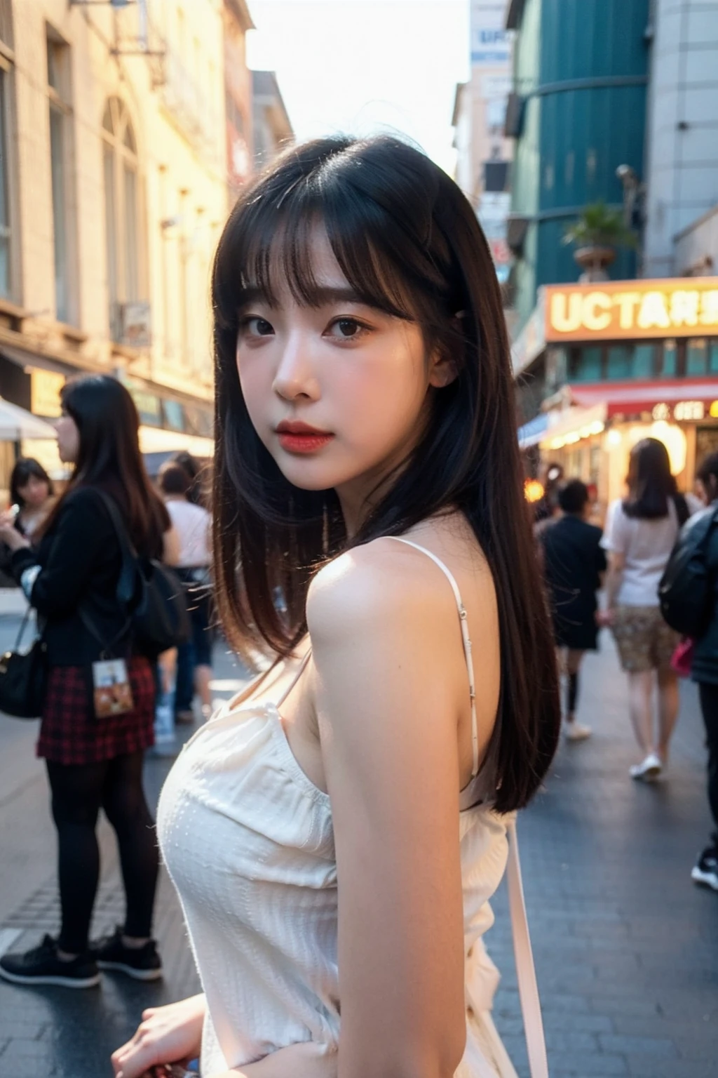 Best quality, masterpiece, ultra high res, (photorealistic), raw photo,1girl, skinny, upper body,solo, realistic, looking at viewer, long hair, bokeh background, city streets,brown eyes, bohemian dress,  <lora:makina69_kanginkyung_v1.0:1>