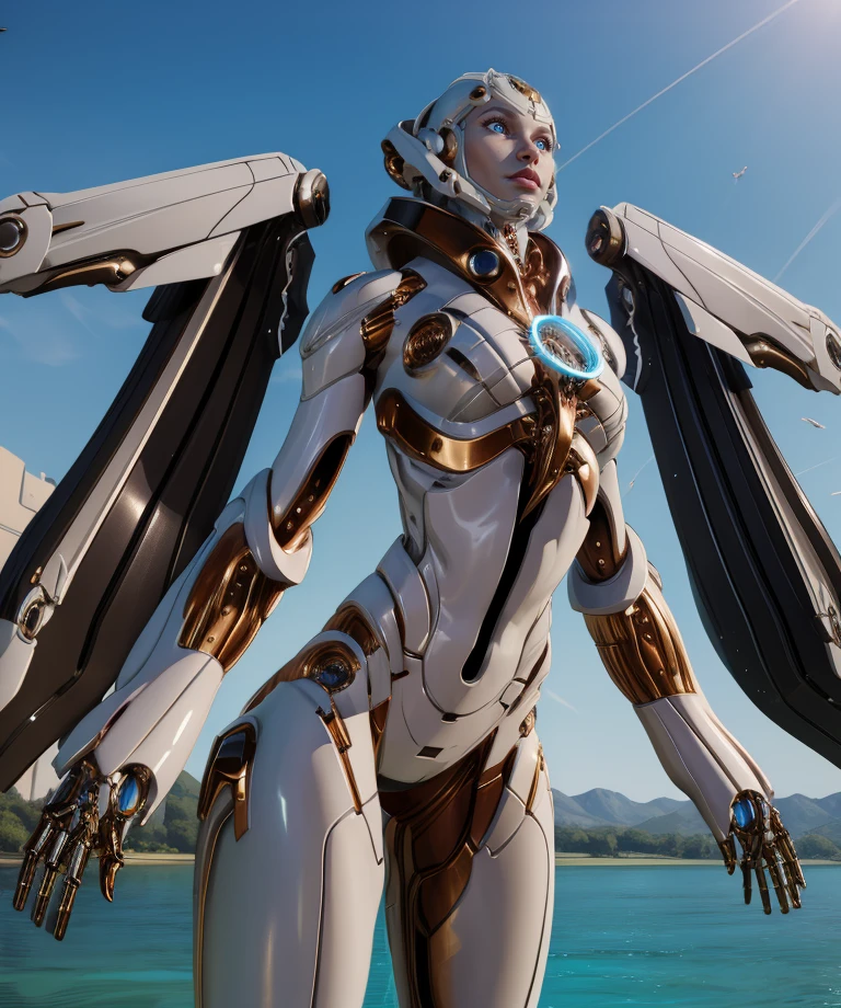 muriel,blue eyes,helmet,lips,white armor,
science fiction,joints,shiny,mechanical wings,
from below,leaning forward,  
outdoors,lake,utopia,
(insanely detailed, masterpiece, best quality),<lora:Muriel:0.9>,