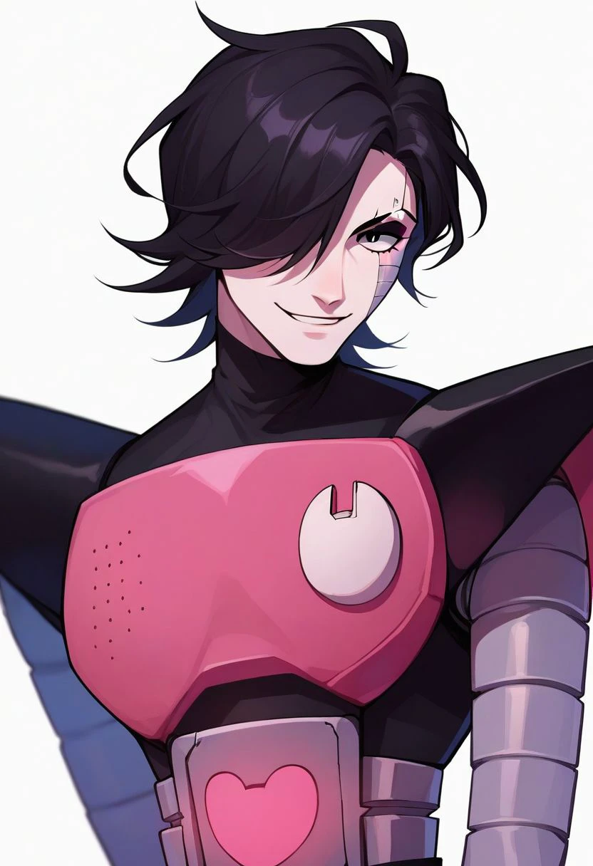 score_9, score_8_up, score_7_up, source_anime, solo, 1boy, sexy boy, Mettaton, robot boy, black hair, hair covering left eye, black eyes, makeup, white skin, pink chest piece, black shoulder pads, black eyeshadow, smirk, portrait, close up, half body, standing, arms at sides, looking at viewer, standing, white background