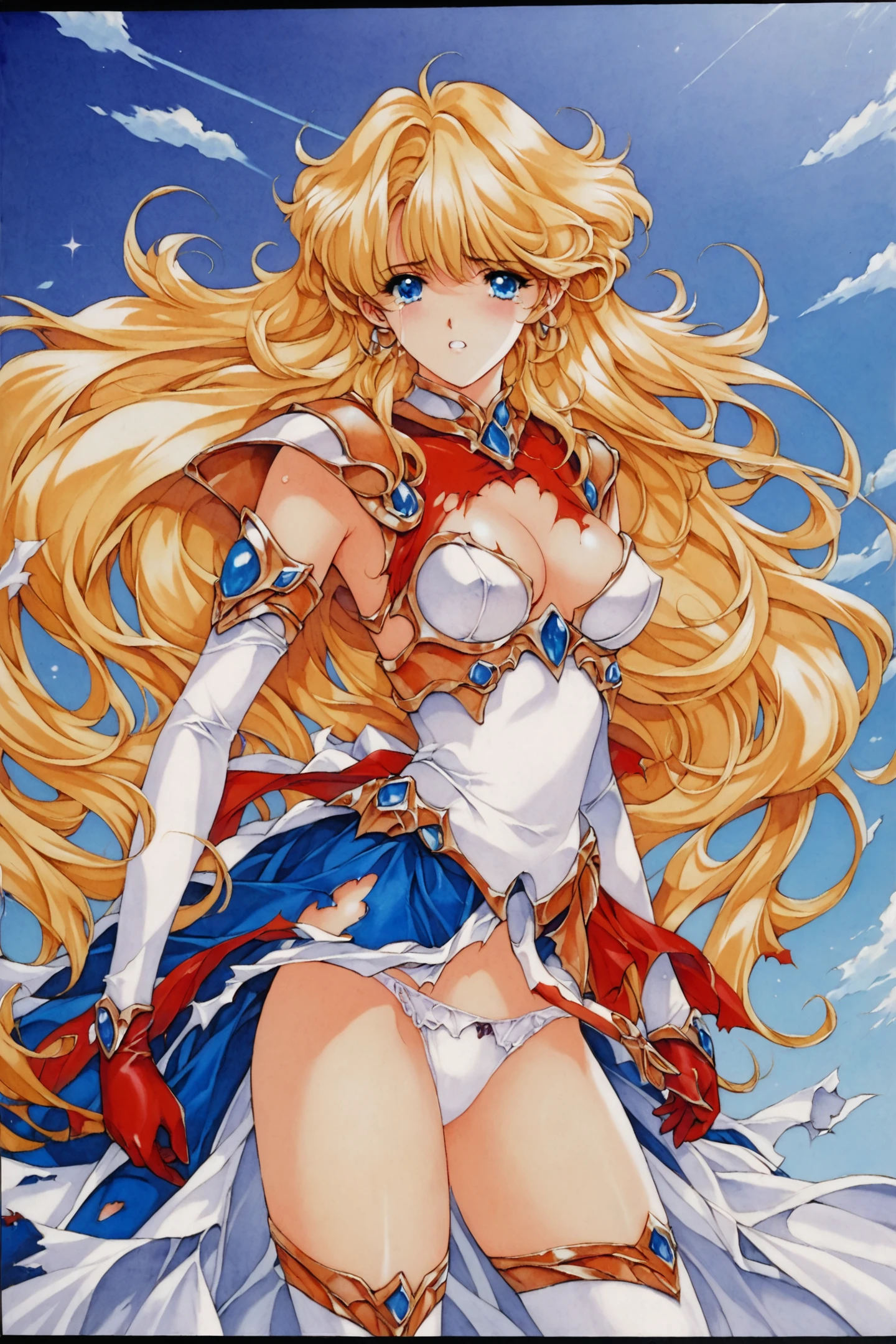 score_9,score_8_up,score_7_up,masterpiece,best quality,very aesthetic,absurdres,official art,official style,
1girl,solo,underwear,thighhighs,panties,gloves,long hair,torn clothes,blonde hair,elbow gloves,blood,tears,white panties,blue eyes,breasts,traditional media,retro artstyle,
<lora:MIN-NARAKEN_XL_PONY:0.9>,