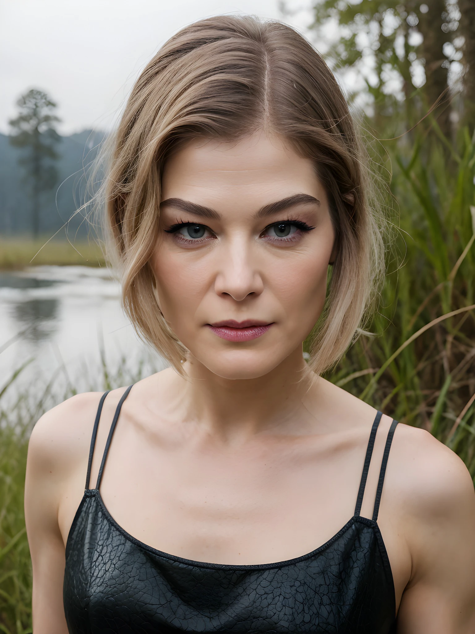 close-up portrait photo of R0s4mundP1k3_V1-Emb , makeup, mascara, eyeshadow, white shirt, in the middle of a swamp, 8k uhd, high quality, dramatic, dramatic lighting, realistic , lifelike texture