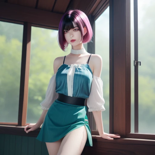 parted bangs, aqua eyes, looking at viewer, bag, white skirt, short hair, sunlight, simple background, high-waist skirt, arm at side, light, looking away, red nails, lens flare, solo, braid, backlighting, medium breasts, cowboy shot, eyebrows, off shoulder, water, between legs, bob cut, crossed legs, vertical stripes, wet, black camisole, choker, denim, floral print, eyebrows visible through hair, no pants, smile, windowsill, eye focus, arms between legs, black hair, forest, blue bra, striped, outdoors, pendant, sundress, pink lips, sleeveless shirt, hair between eyes, black legwear, sash, hair tie, dutch angle, cropped shirt, vertical-striped shirt, nose, pink hair, midriff peek, hair flower, standing, cropped jacket, short dress, two-tone hair, brown background, turtleneck, bangs, hand between legs, leaf, weapon, depth of field, zipper, close-up, white panties, red hair, detached sleeves, bow, skirt, hairclip, open jacket, bent over, off-shoulder dress, fantasy, own hands together, denim shorts, glint, all fours, casual