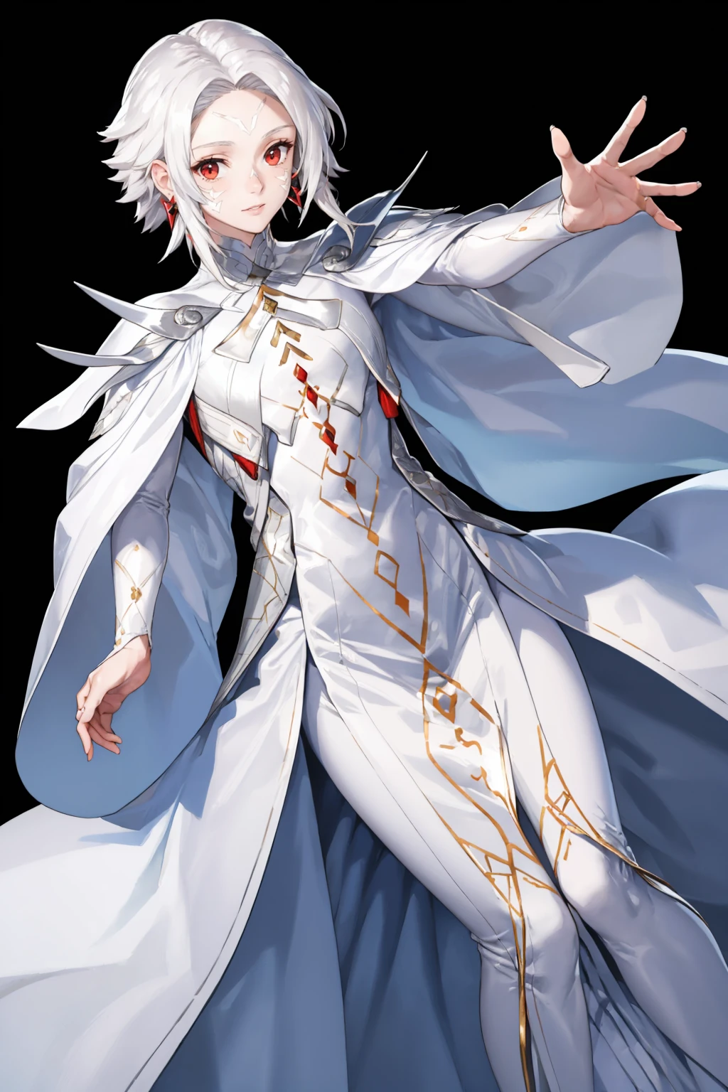 masterpiece, best quality, <lora:arval-nvwls-v1-000009:0.8> arval, white hair, pale skin, facial mark, earrings, white cape, white robe, long sleeves <lora:FEH_Concept_v2:1> feh, black background, simple background, looking at viewer,