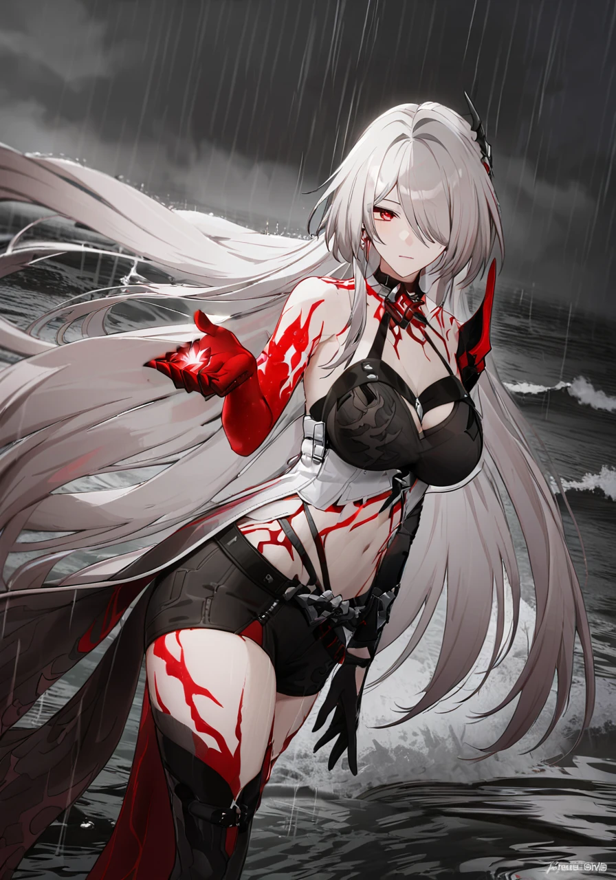 ((masterpiece)),((best quality)),highres,extremely detailed CG,perfect lighting,8k wallpaper,
1girl,acheron \(red type\) \(honkai: star rail\),silver hair,very long hair,red eyes,reaching towards viewer,black sea water,rain,water,
<lora:Achreon_SDXL_V1-000014:1>,