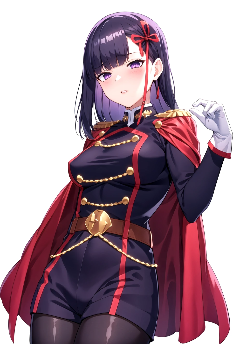 purple eyes, purple hair, Ren43Yamashiro, 1girl, solo, gloves, pantyhose, white gloves, long hair, white background, cape, belt, looking at viewer, simple background, breasts, red cape, black pantyhose, parted lips, shorts, cowboy shot, bangs, uniform, black hair, hair ornament, ribbon, hair ribbon, blush, medium breasts, epaulettes, long sleeves,  <lora:Ren Yamashiro anylora30r42r-000006:0.8>