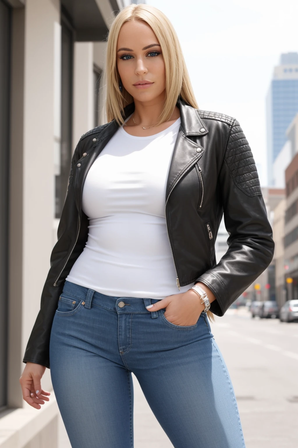 <lora:mondongo_LoRA_MellanieMonroe:0.9> mndngwmn, (ultra realistic, 8k,high quality), wearing a leather jacket,white t-shirt, jeans, on a city downtown, daytime