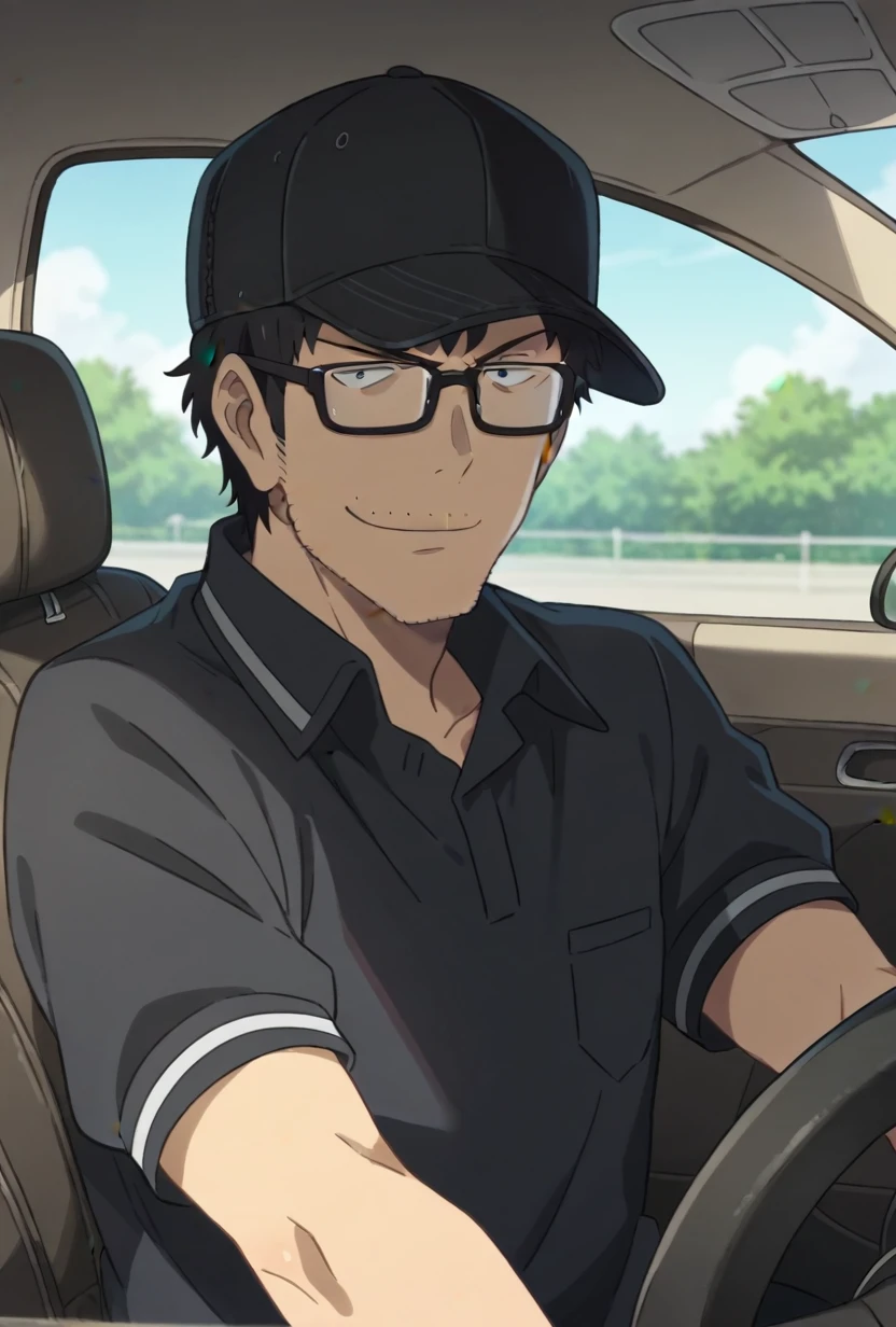 score_9, score_8_up, keisuke suga, 1boy, solo, black hair, stubble, black baseball cap, glasses, black shirt, serious, cowboy shot, smirk, car, driver's seat