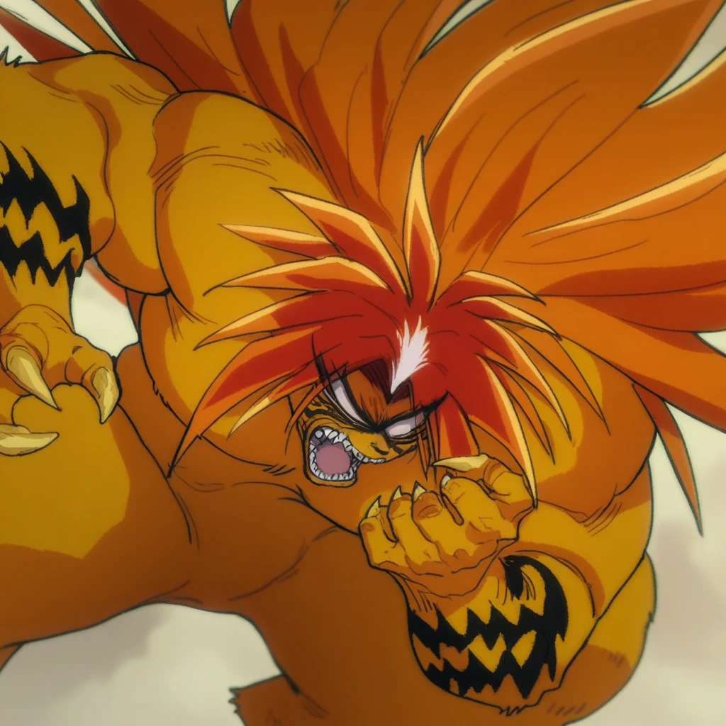 score_9, score_8_up, score_7_up BREAK Tora, yokai, 1boy, solo, muscular male, golden fur, white eyes, long orange hair, red hair, large pectorals, points to viewer, claws, angry, teeth, open mouth