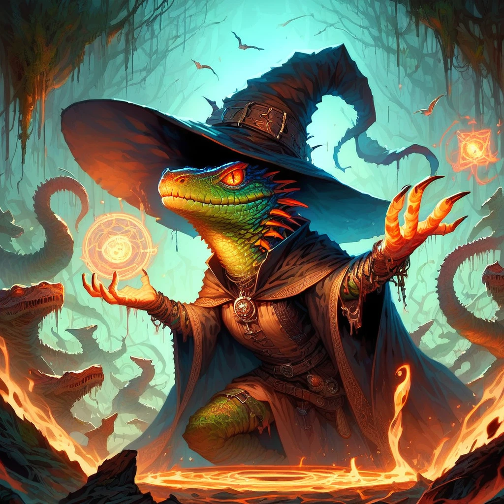 score_9, score_8_up, score_7_up, 1character lizardfolk witch, witch hat, casting a glowing spell, detailed swamp background, 