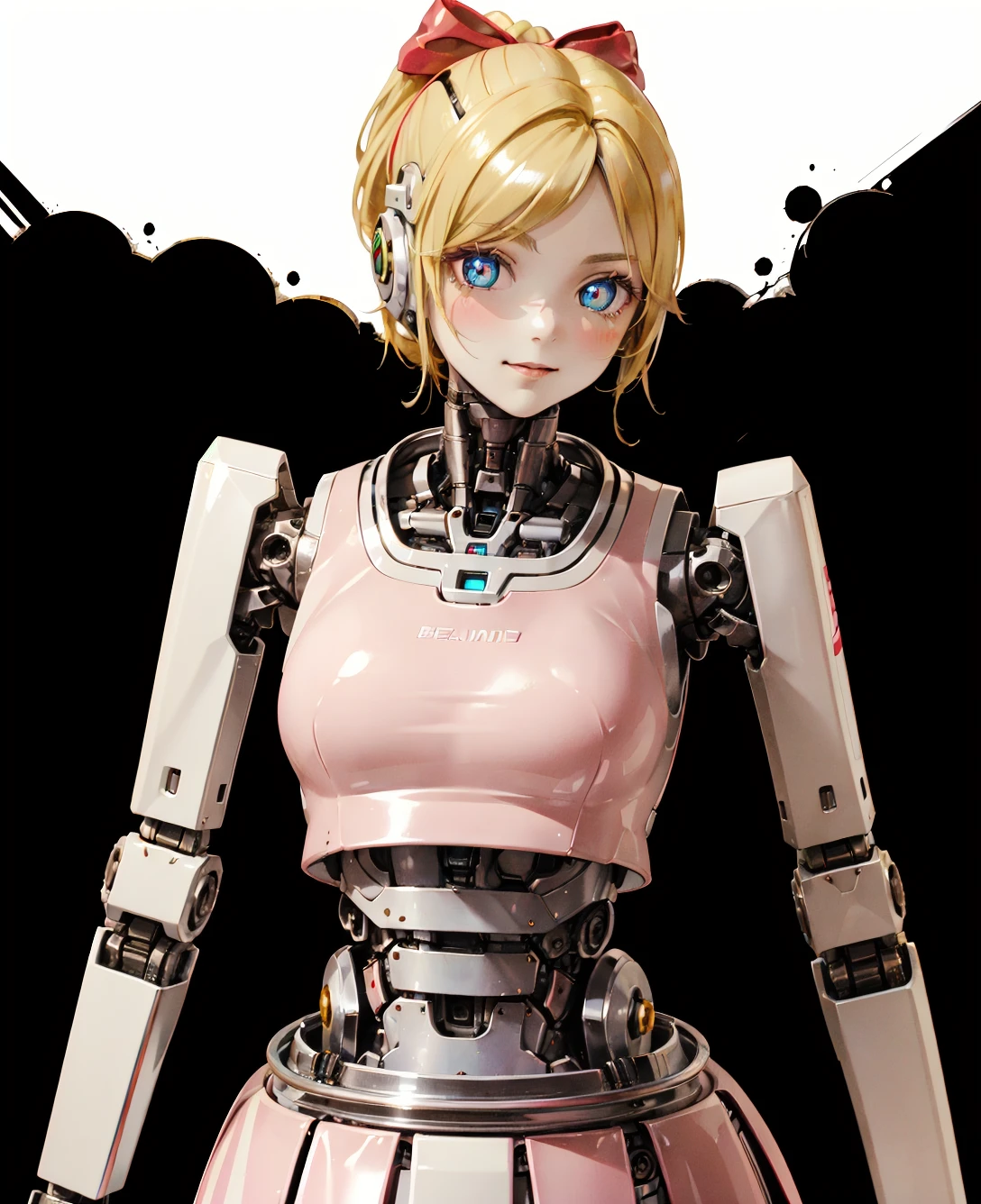 (android girl \(itou\), tutu, clothed robot, awkward, turning head:1.9), In this extremely detailed and intricate romanticism masterpiece, the artwork shows the a lovely clothed android princess is getting ansty. Noblewoman-like pinkish robot princess is so elegant, but full of embarrassment at her artificially white face. Detailed, beautiful white face with flickering blue pupils shows how embarrassed she is now. Cute panel dress worn on cutting-edge mechanical body tightens and accentuates this robotic kid's idealized feminine chassis. Blonde hair and intricate robot joints catch the light under soft natural lighting, creating a stunning reflective sheen. Contrast and harmony between her white and pink skin and patly revealed silvery chrome mechanical parts is clearly showing that she is extremely well-produced, cutting-edge creation of art and technology. (ð¤:1.2), <lora:SM-Beautybot(Merge):0.57>, (mechanical parts, chrome metal, shiny skin, kingsman 2:1.3), (beautybot, opal brooch, porcelain skin:1.4), robot girl, android, robot joints, 1other, (wide shot, wide-eyed, robot ears, hair bow:1.4), red ribbon, blonde hair, robotic reveal, reflective sheen, mechanical skirt, (metallic texture:1.35)