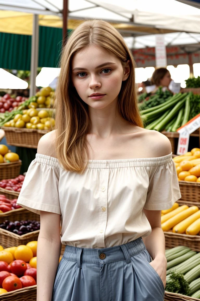 <lora:kawaii7.1.3_obj20:0.75:0.25>, European woman, closeup, sandals, (shirt), pants, (farmer's market), ZM_paraskevi, wide shoulders, perfect face, (contact iris: 1.1), pale skin, skin pores , depth of field