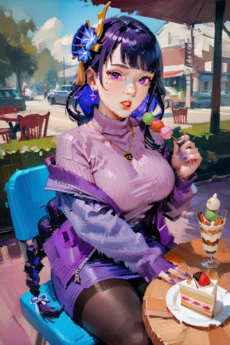 oil_painting, oil-painting-style,(masterpiece, best quality),
macaron, 1girl, food, wagashi, solo, raiden shogun, purple skirt, dango, sweater, purple eyes, braided ponytail, mole under eye, purple hair, skirt, pantyhose, ice cream, turtleneck, hair ornament, sitting, sanshoku dango, tomoe \(symbol\), breasts, jewelry, long hair, parfait, braid, looking at viewer, mitsudomoe \(shape\), sweets, holding, necklace, bangs, mole, ice cream cone, purple nails, earrings, purple jacket, long sleeves, open clothes, bag, turtleneck sweater, open jacket, off shoulder, black pantyhose, nail polish, jacket, outdoors, hair flower, day, cake, flower, large breasts, very long hair, alternate costume, ribbed sweater, table, dessert, chair, purple flower, sleeves past wrists, parted lips, open mouth, holding food, purple sweater, knees together feet apart, tree