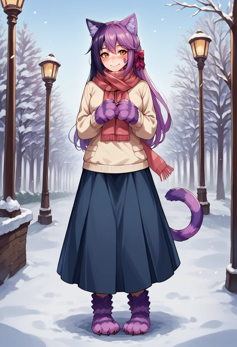 score_9, score_8_up, source_anime, 1girl, solo, CheshireMGE, two-tone hair, long hair, hair bow, cat paws, facial mark, striped tail, turtleneck sweater, long skirt, outdoors, scarf, winter, smile, blush, <lora:ChamCheshireCatPonyXL-000004:1>