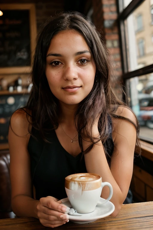 <lora:Kamilla18:0.8>, full color portrait of a young woman, having coffee at a vintage cafe, natural light, RAW photo, subject, 8k uhd, dslr, soft lighting, high quality, film grain, Fujifilm XT3