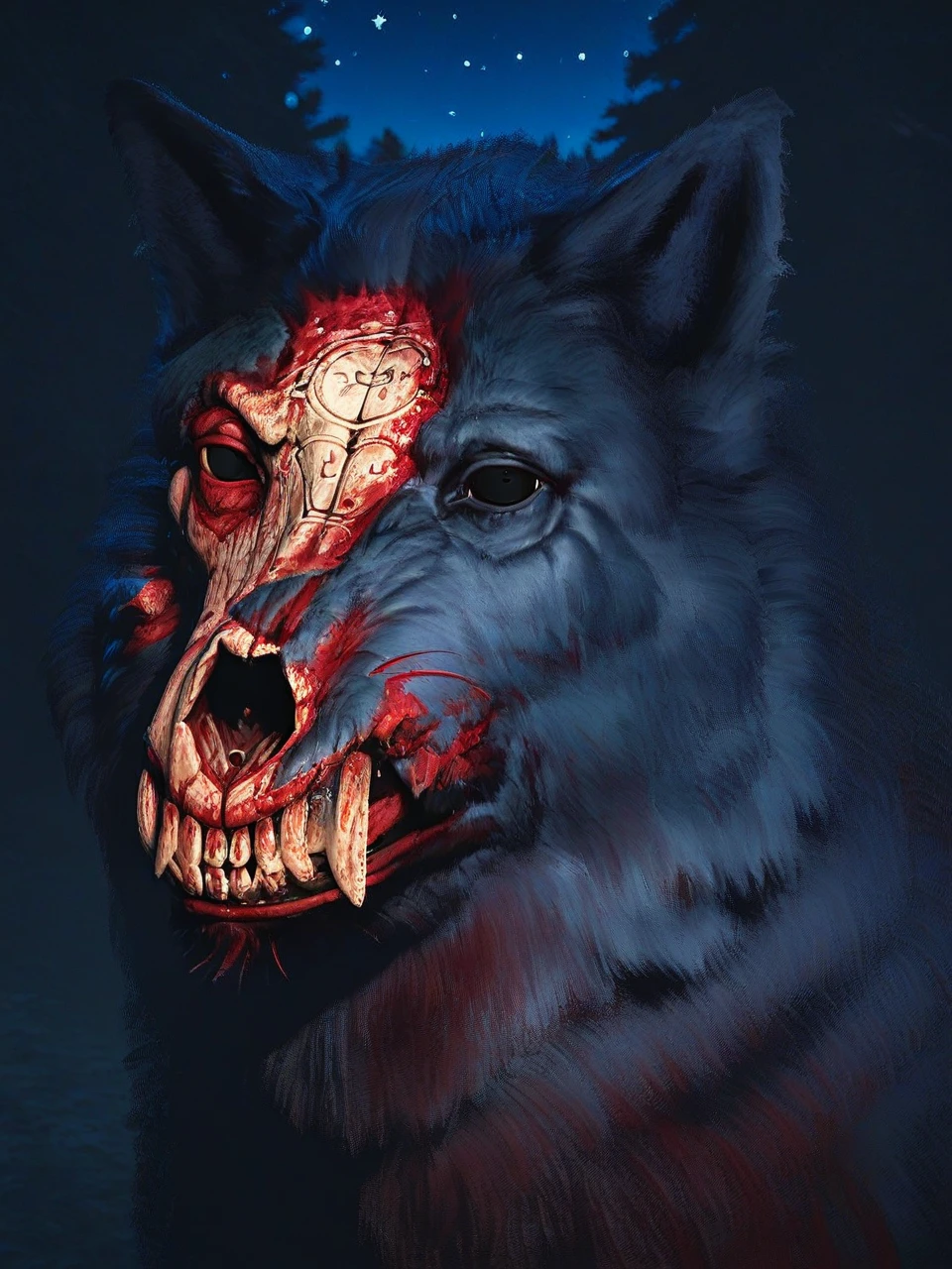 mephisto male wolf fangs black_eyes standing, fluffy wet fur blood, score_9, score_8_up, score_7_up, score_6_up, score_5_up, score_4_up, (winter forest snow night starry_sky:1.5) embers, <lora:C_Mephisto_Wolf__Diablo_4__PonyXL-11:0.9> <lora:LandscapeFixer:0.15>