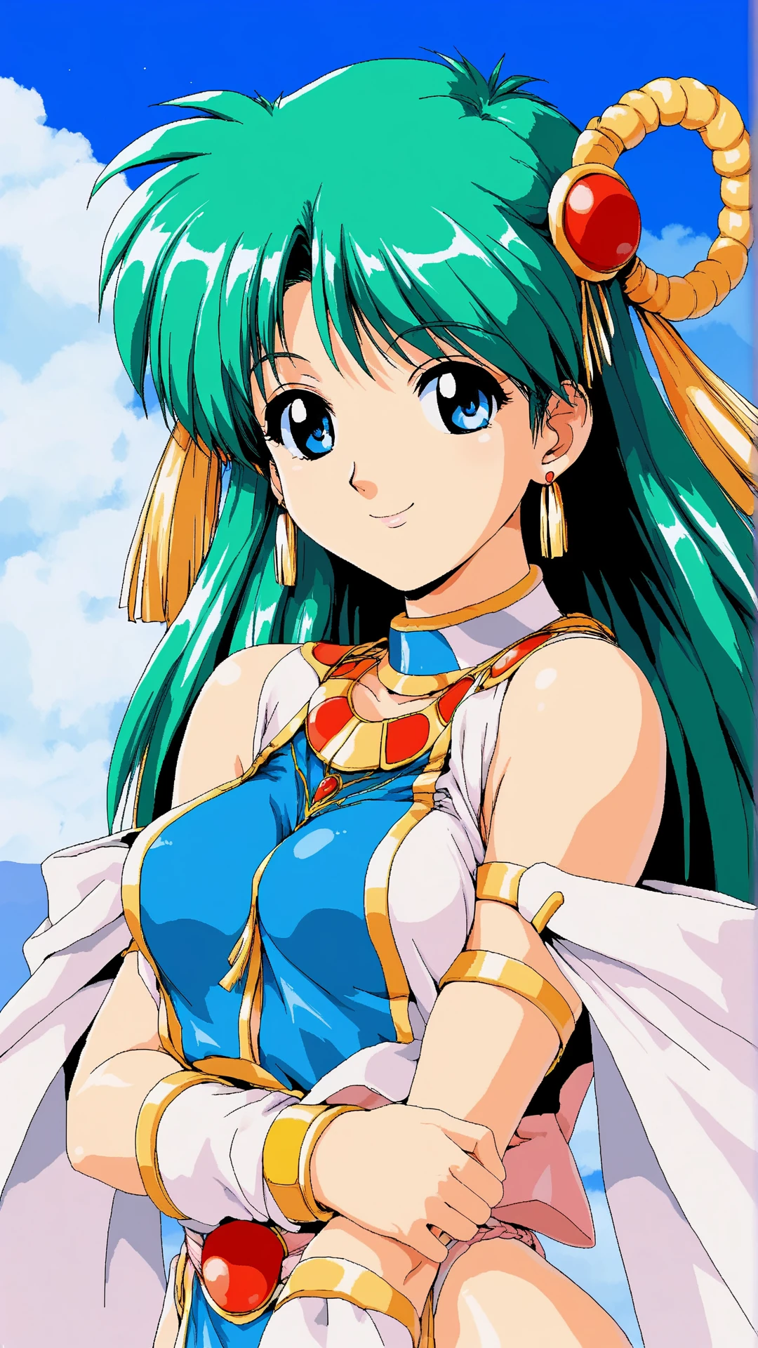 score_9, score_8_up, score_7_up, BREAK source_anime, best quality, masterpiece, uncensored,ultra detailed,
1girl,smile, shiny skin,
<lora:swatty_xl6:1> swatty, long hair, green hair, blue eyes, hair ornament, medium breasts, boots, pelvic curtain, armlet,1990s \(style\),
upper body,