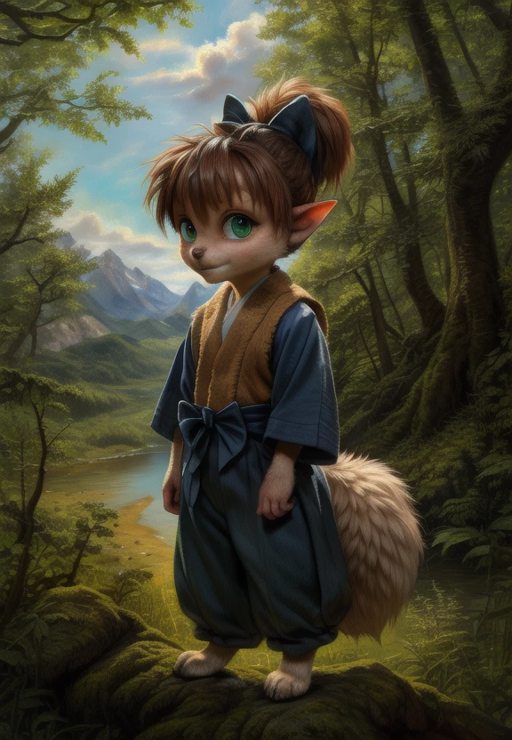 <lora:ShippouDemonFox:1>  [Forest, path, trees, sky clouds, mountains,] ShippouDemonFox, kemono, green bow on the head, green bow eyes, animal legs, tail, (blue pants, blue shirt, yellow vest,), pointed ears, ,
textured fur, solo, looking at viewer, to his full height, (beautiful, aesthetic, perfect, delicate, intricate, masterpiece, ) 
[by kenket|by totesfleisch8], by thebigslick:by silverfox5213:0.8], [by syuro, by paloma-paloma::0.2, (Tricksta, TotesFleisch8)