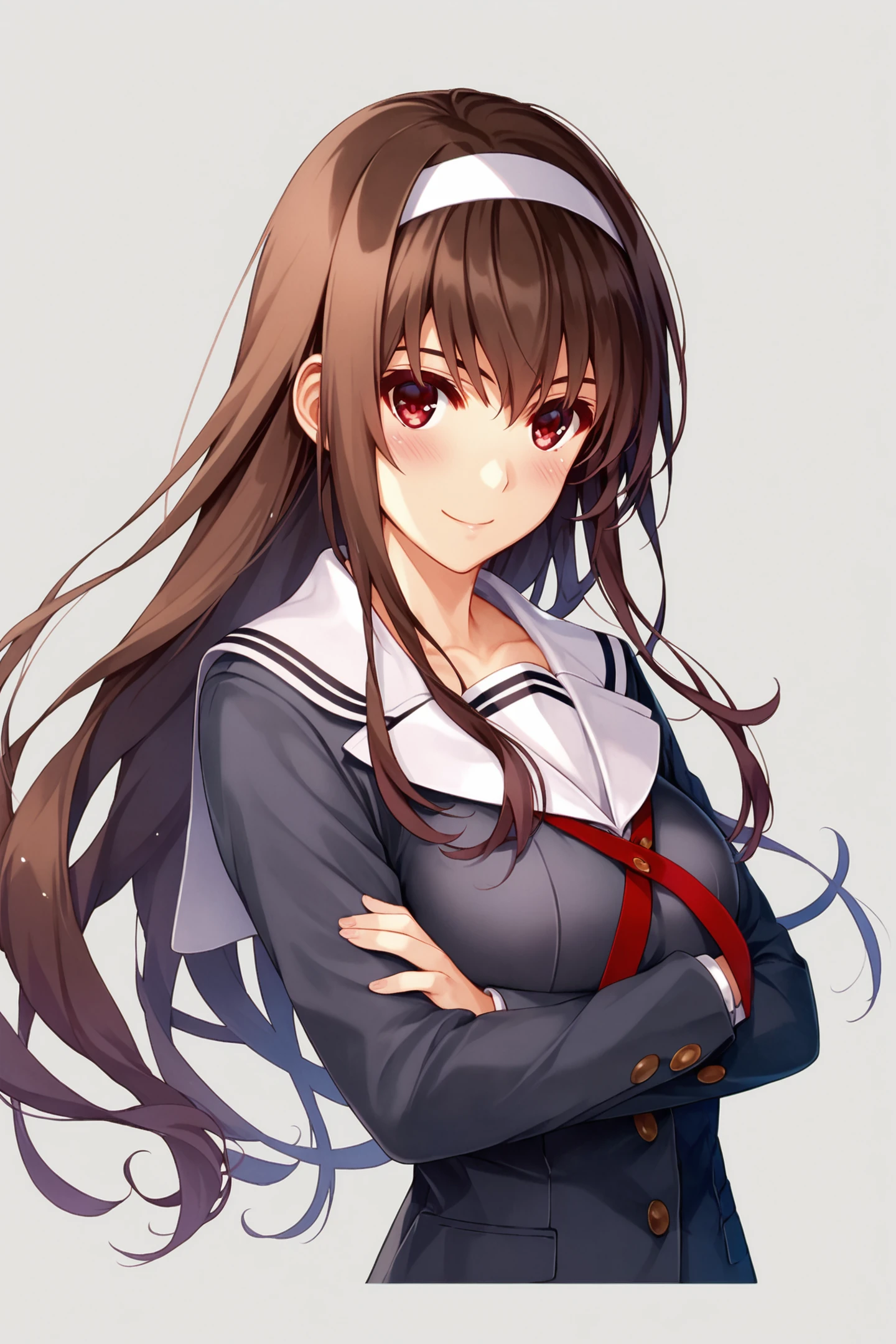 score_9,score_8_up,score_7_up,masterpiece,best quality,very aesthetic,absurdres,official art,official style,anime screencap,
1girl,kasumigaoka utaha,solo,long hair,school uniform,skirt,simple background,white background,hairband,looking at viewer,brown hair,pleated skirt,smile,brown eyes,crossed arms,bangs,standing,blush,long sleeves,breasts,jacket,red eyes,white background,upper body,
<lora:Misaki Kurehito_XL_PONY:0.8>,