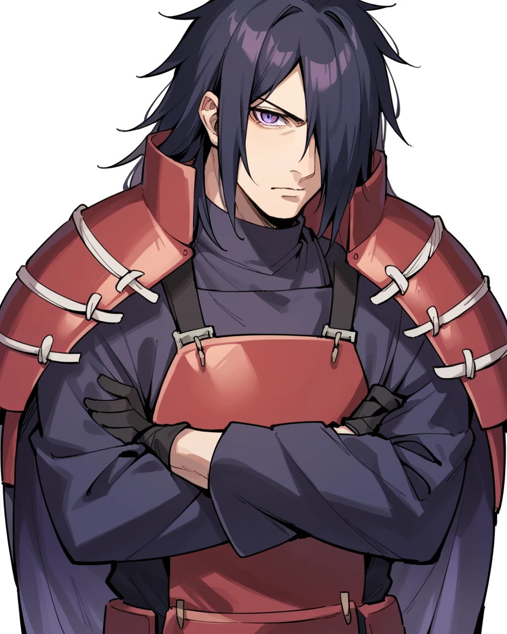 score_9, score_8_up, score_7_up, score_6_up, score_5_up, score_4_up, source_anime, BREAK, 1man, madara, long hair, hair over one eye, red armor, gloves, robe, looking at viewer, rinnegan, purple eye, crossed arms <lora:Madara:1>