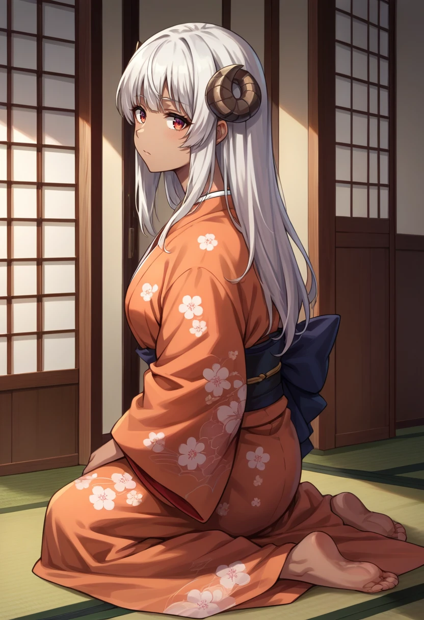 score_9, score_8_up, source_anime, Felm, white hair, long hair, dark skin, indoors, kimono, floral print, wariza, kneeling, <lora:ChamFelmPonyXL-000007:1.0>
