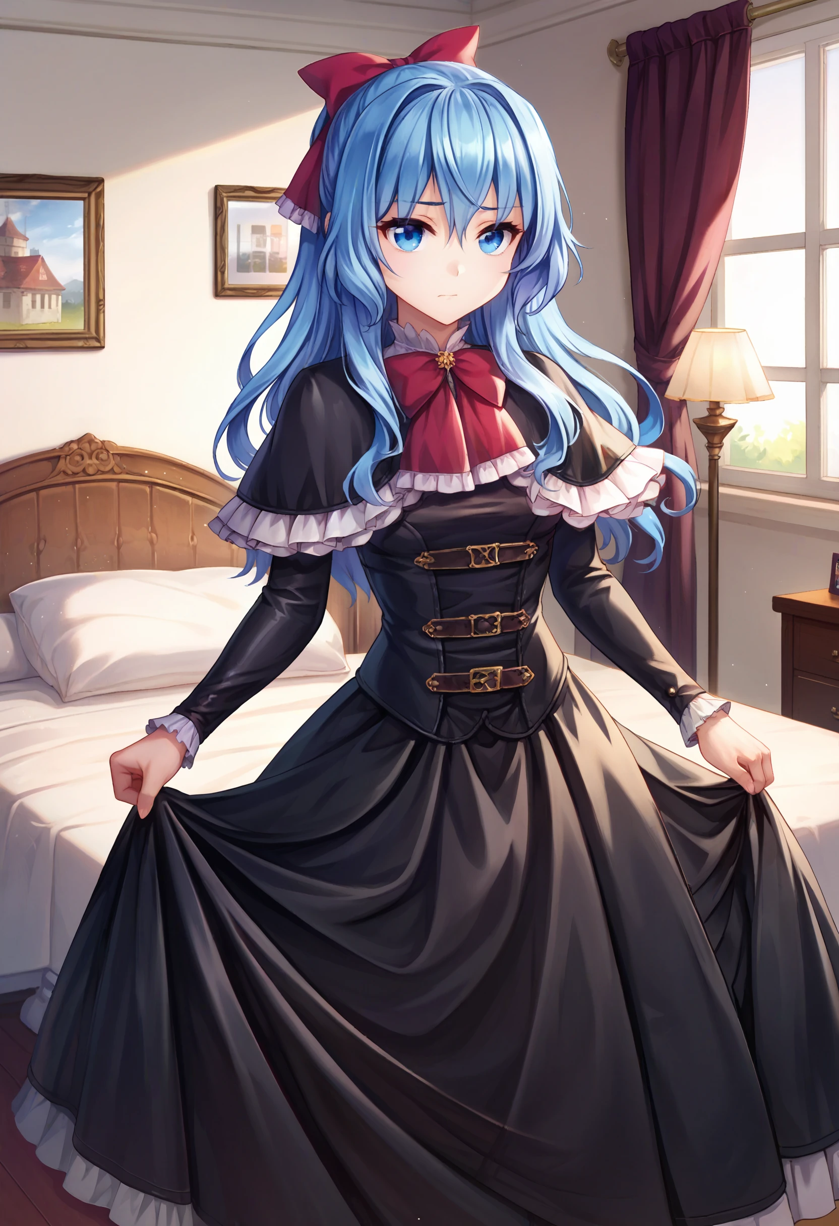 zPDXL, 1girl, solo, cowboy shot, BREAK
liselotte, blue hair, blue eyes, hair bow, capelet, corset, long skirt, bowtie,
closed mouth, 
indoors, bedroom,
 <lora:BlackLatexSlider_000000950:4> <lora:liselotte-ot6-1320:0.8>