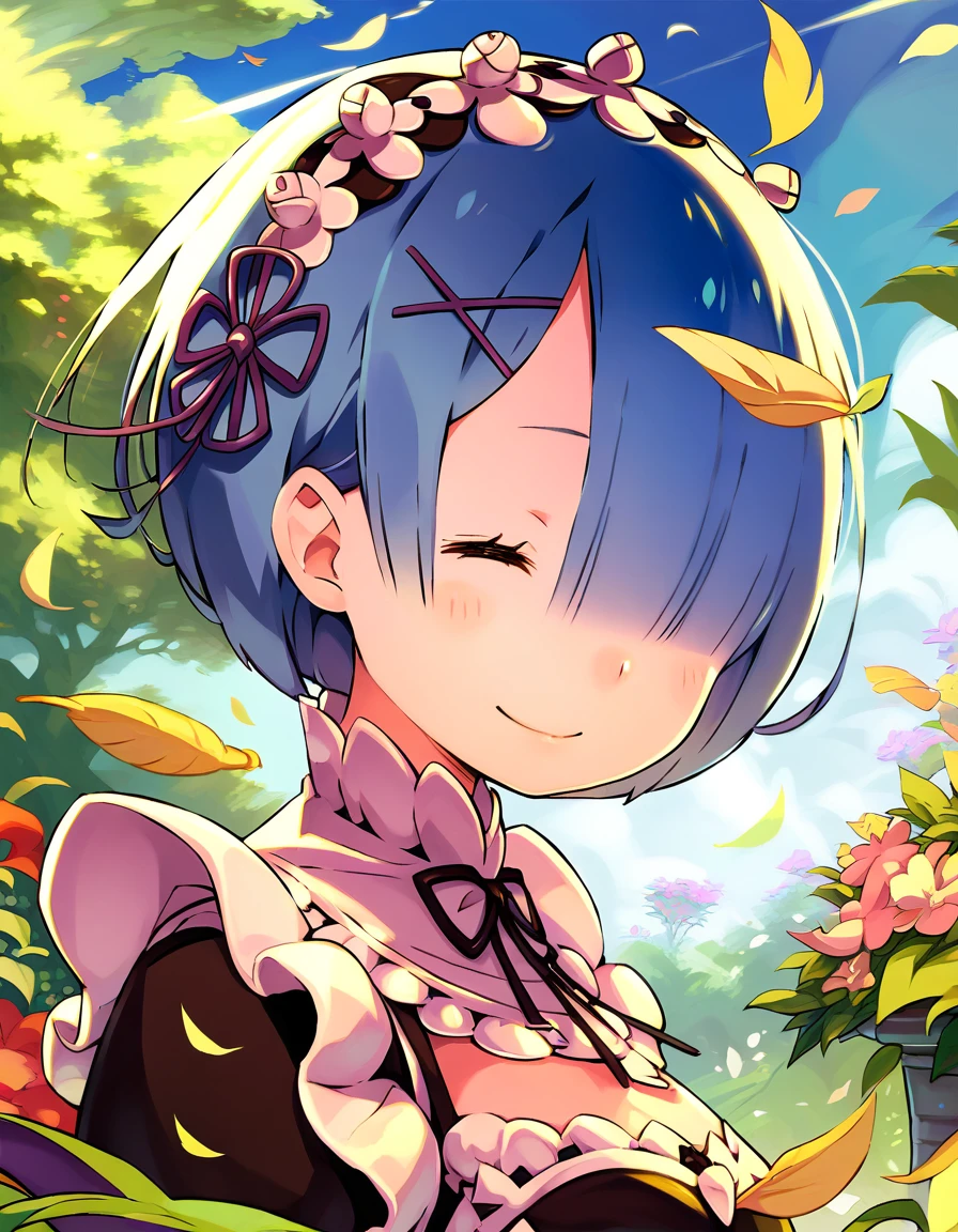 <lora:shinichirou_otsuka for pony:0.8>,score_9, score_8_up, score_7_up, 1girl, re:rem \(re:zero\), hair over one eye, blue hair, short hair, roswaal mansion maid uniform, maild,garden, day,sunlight, feathers, floating hair, upper body, smile, closed eyes, close-up,