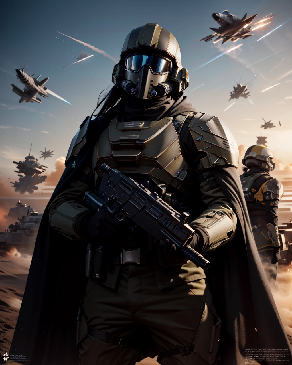 best quality,masterpiece,highly detailed,ultra-detailed,
<lora:neg9V2_last:0.5> 1girl, multiple boys, military, very long hair, jet fighter
<lora:helldivers:1> helldivers, science fiction,armor, cape, , holding, , sky, solo, rifle,