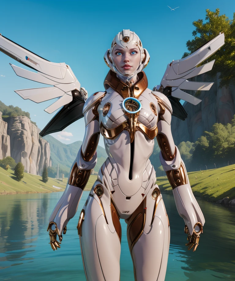 muriel,blue eyes,helmet,lips,white armor,    
science fiction,joints,shiny,  mechanical wings, 
outdoors,lake,utopia,
(insanely detailed, masterpiece, best quality),<lora:Muriel:0.9>,