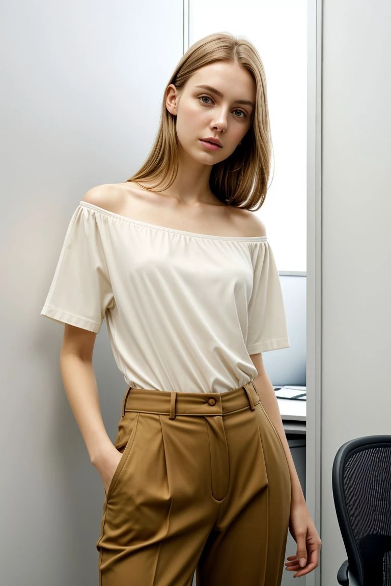 <lora:kawaii7.1.3_obj20:0.75:0.25>, European woman, closeup, sandals, (shirt), pants, (office cubicle), ZM_rosie, wide shoulders, perfect face, (contact iris: 1.1), pale skin, skin pores , depth of field