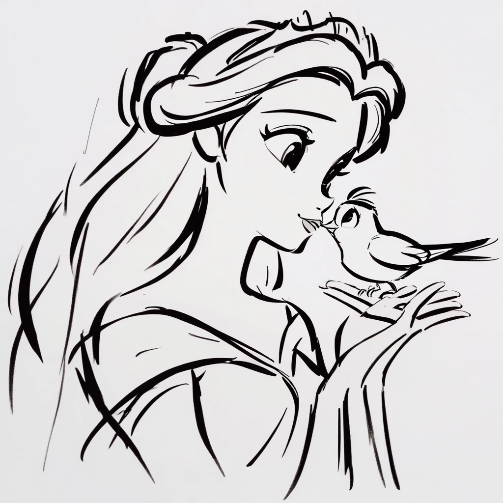 stexsketch, 1girl, cute, bird on hand, looking at the bird, thoughtful, greyscale